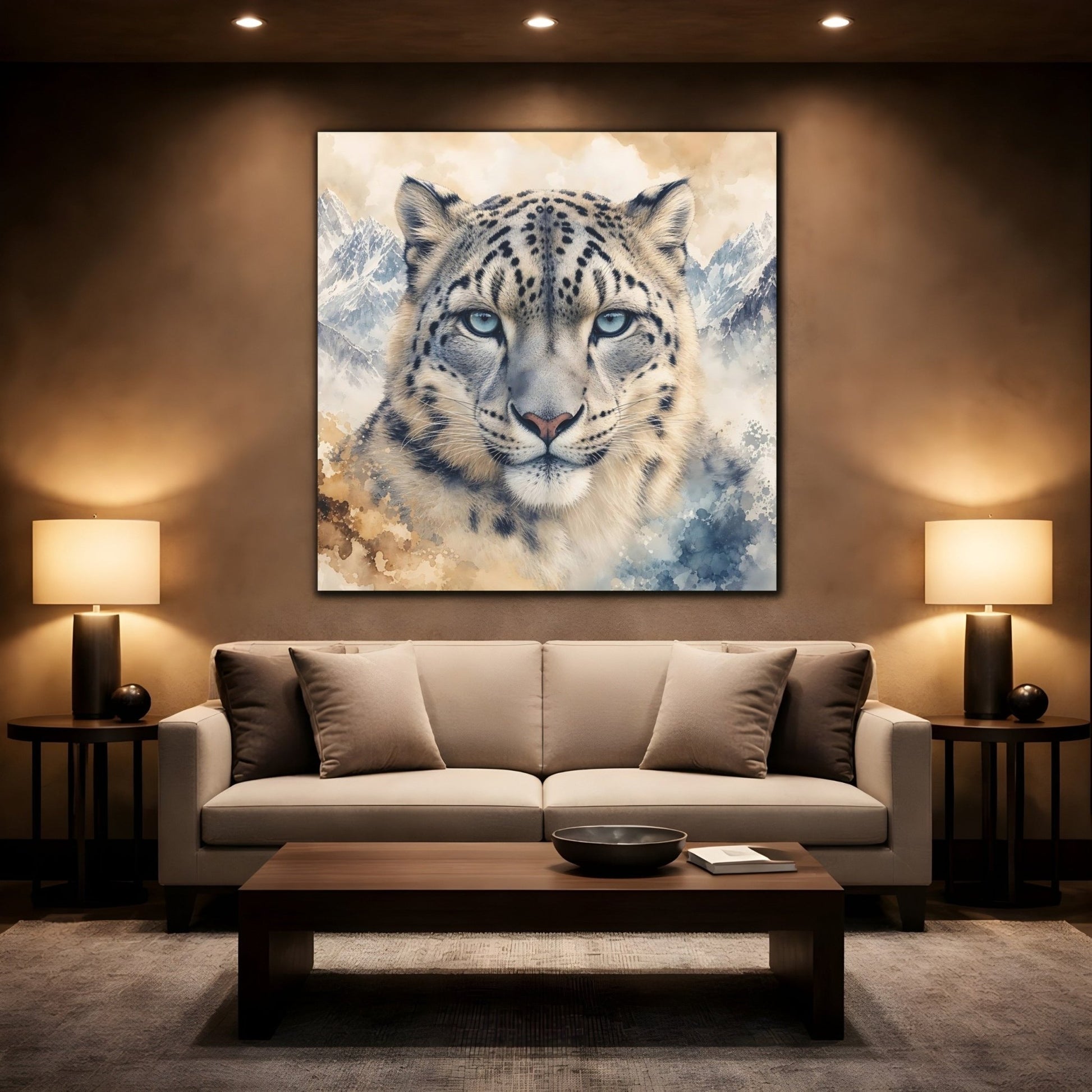 Animals Snow Leopard Watercolor Canvas Print – Living Room, Above Sofa, Brown - YesArtYes