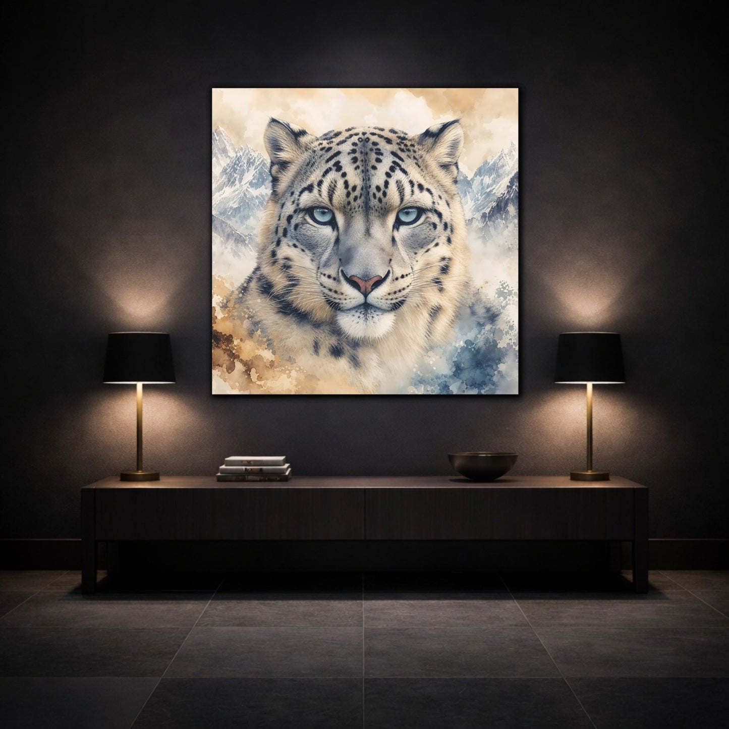 Animals Snow Leopard Watercolor Canvas Print – Living Room, Above Sofa, Brown - YesArtYes