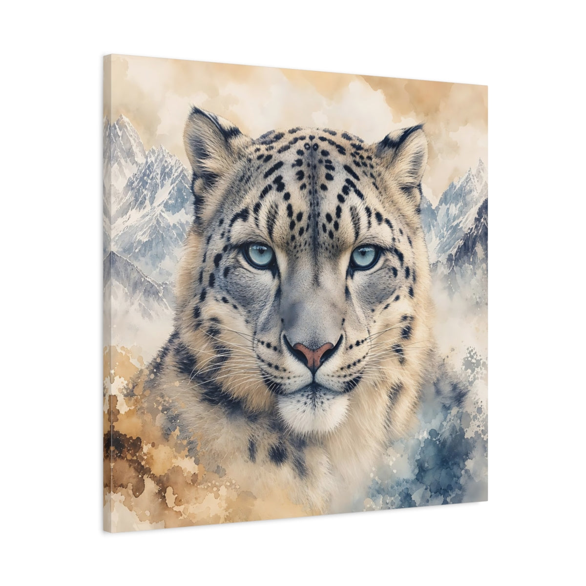 Side Mockup 3. Animals Snow Leopard Snow Leopard Watercolor shown as canvas print