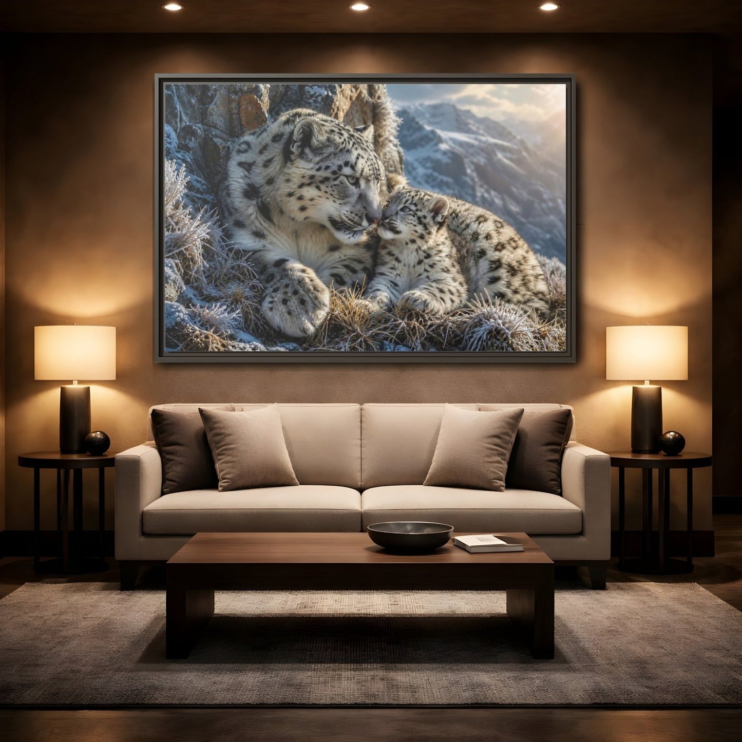 Animals Snow Leopards Family Framed Canvas Print – Realistic Decor for Living Room, Above Sofa - YesArtYes