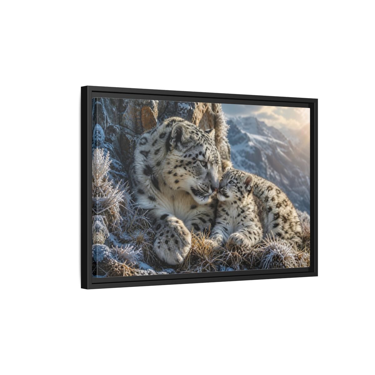Animals Snow Leopards Family Framed Canvas Print – Realistic Decor for Living Room, Above Sofa - YesArtYes