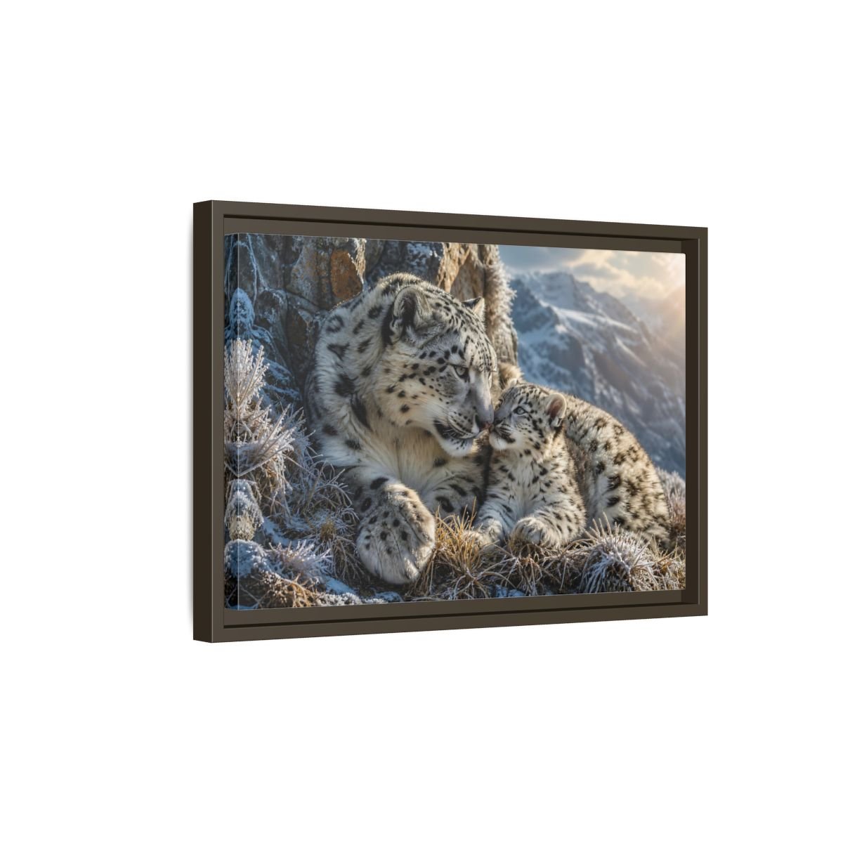 Animals Snow Leopards Family Framed Canvas Print – Realistic Decor for Living Room, Above Sofa - YesArtYes