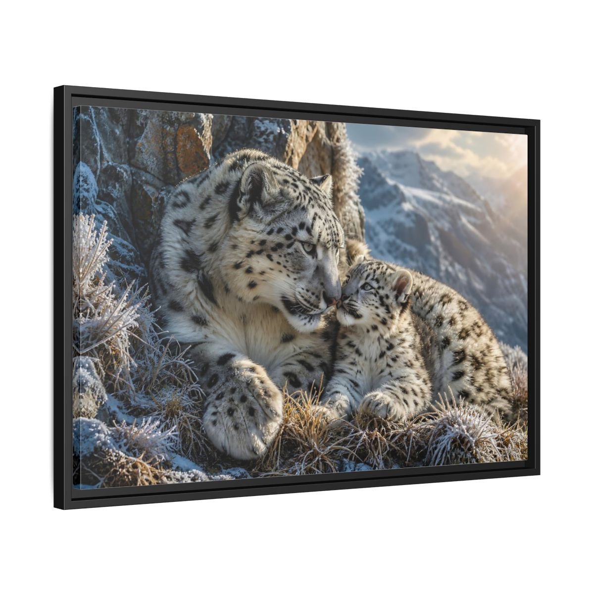 Animals Snow Leopards Family Framed Canvas Print – Realistic Decor for Living Room, Above Sofa - YesArtYes