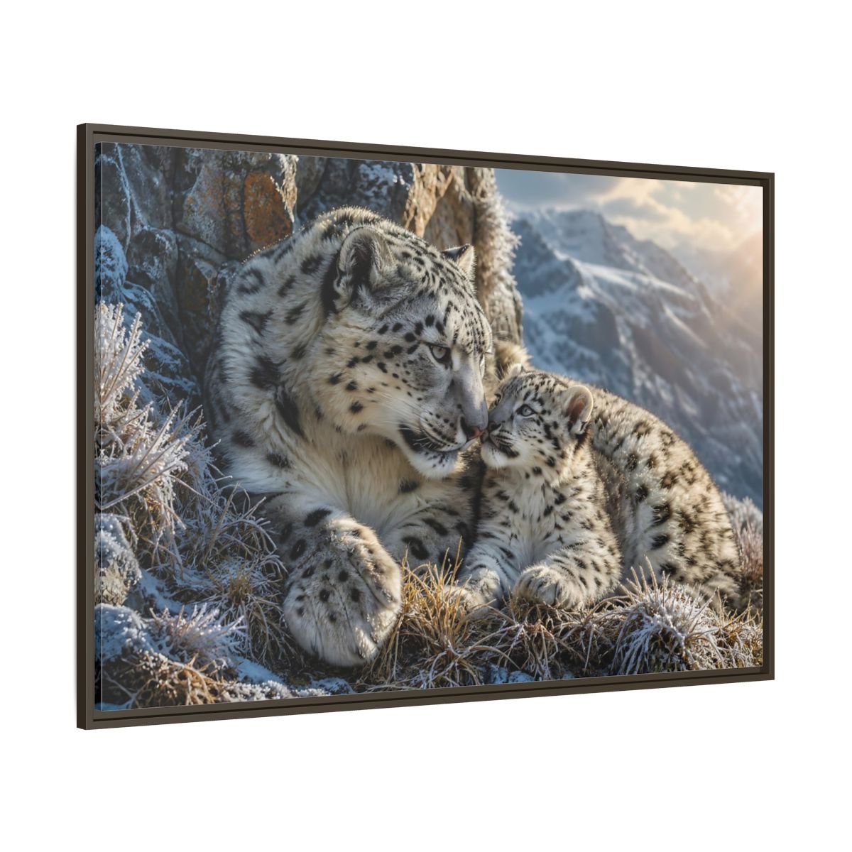 Animals Snow Leopards Family Framed Canvas Print – Realistic Decor for Living Room, Above Sofa - YesArtYes