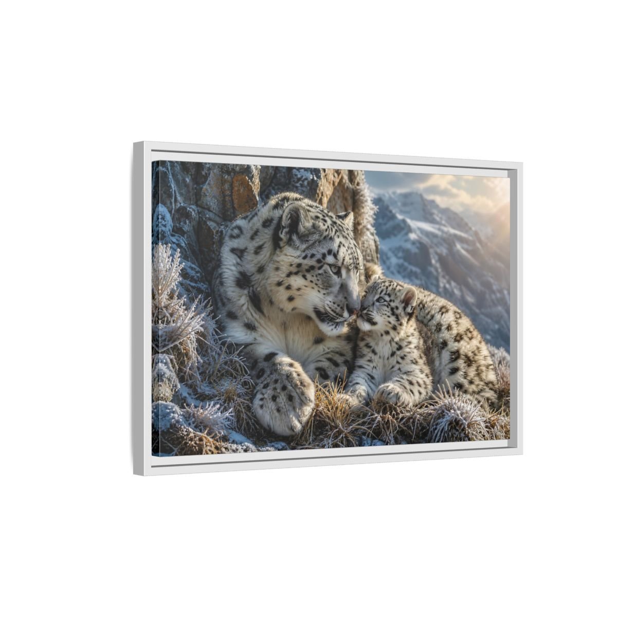 Animals Snow Leopards Family Framed Canvas Print – Realistic Decor for Living Room, Above Sofa - YesArtYes
