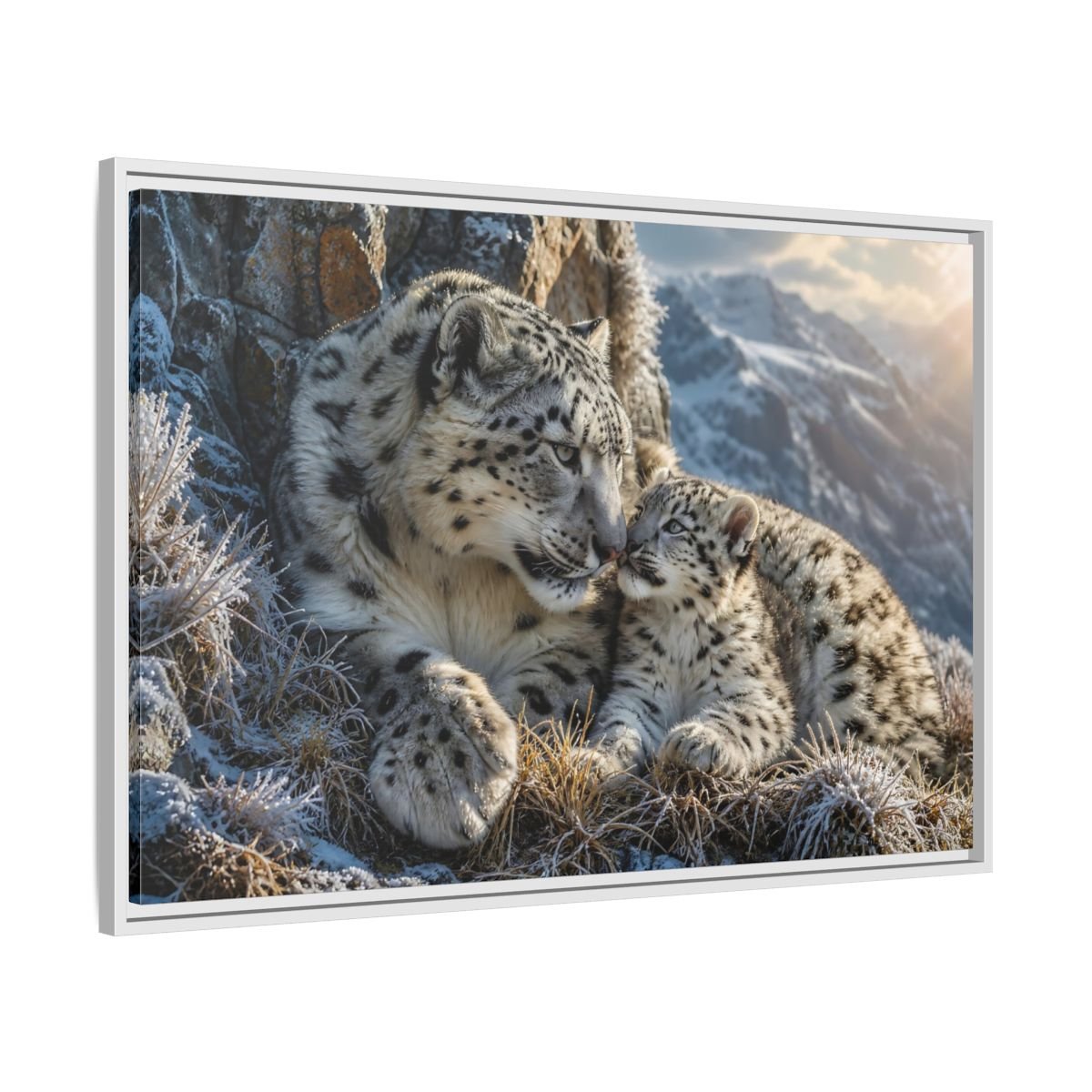 Animals Snow Leopards Family Framed Canvas Print – Realistic Decor for Living Room, Above Sofa - YesArtYes
