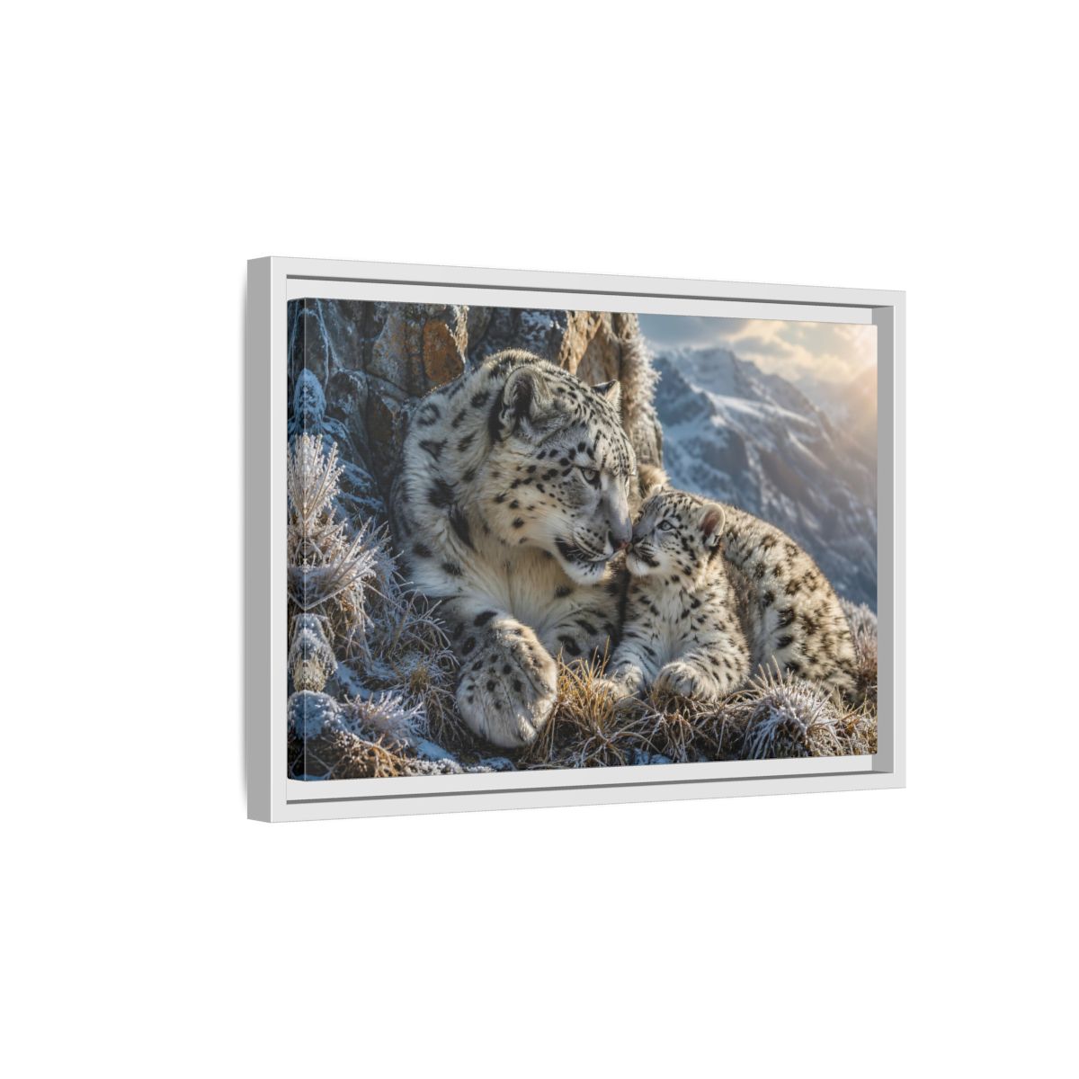 Side Mockup 4. Animals Snow Leopards Snow Leopard Family shown as stretched canvas wall art