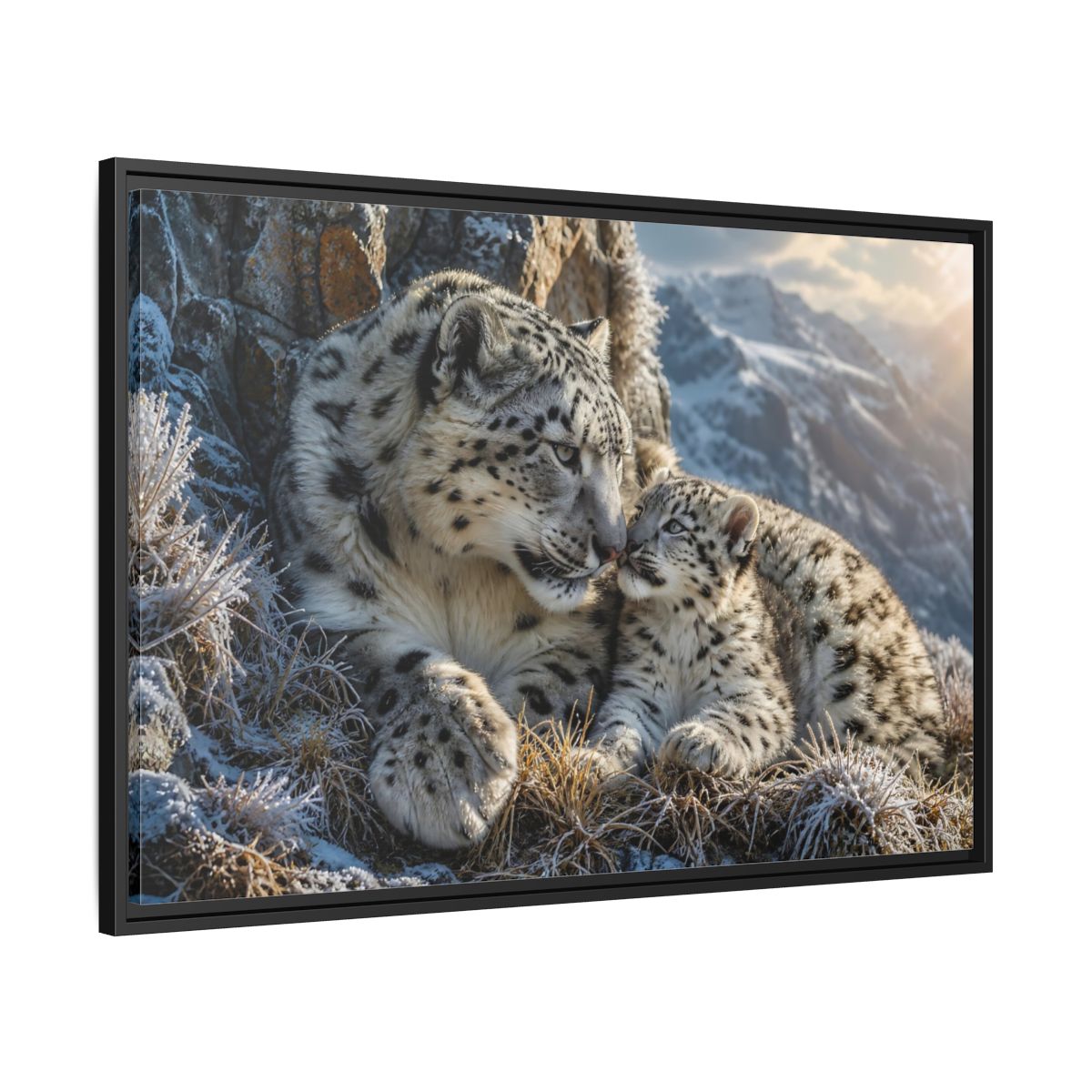 Side Mockup 13. Animals Snow Leopards Snow Leopard Family shown as stretched canvas wall art