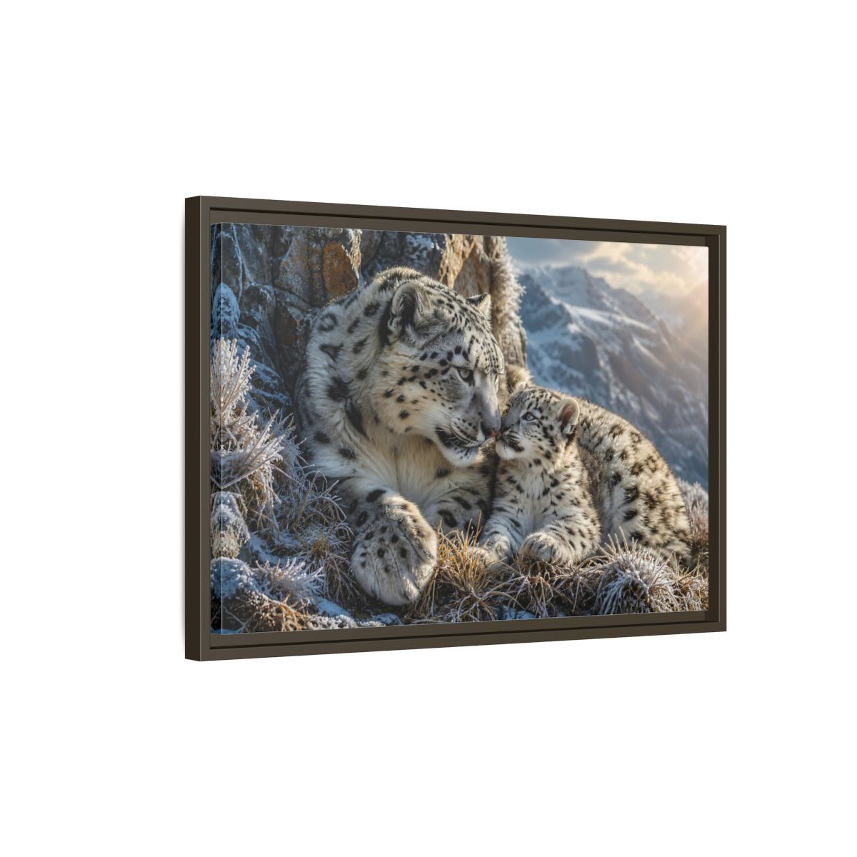 Side Mockup 2. Animals Snow Leopards Snow Leopard Family shown as stretched canvas wall art