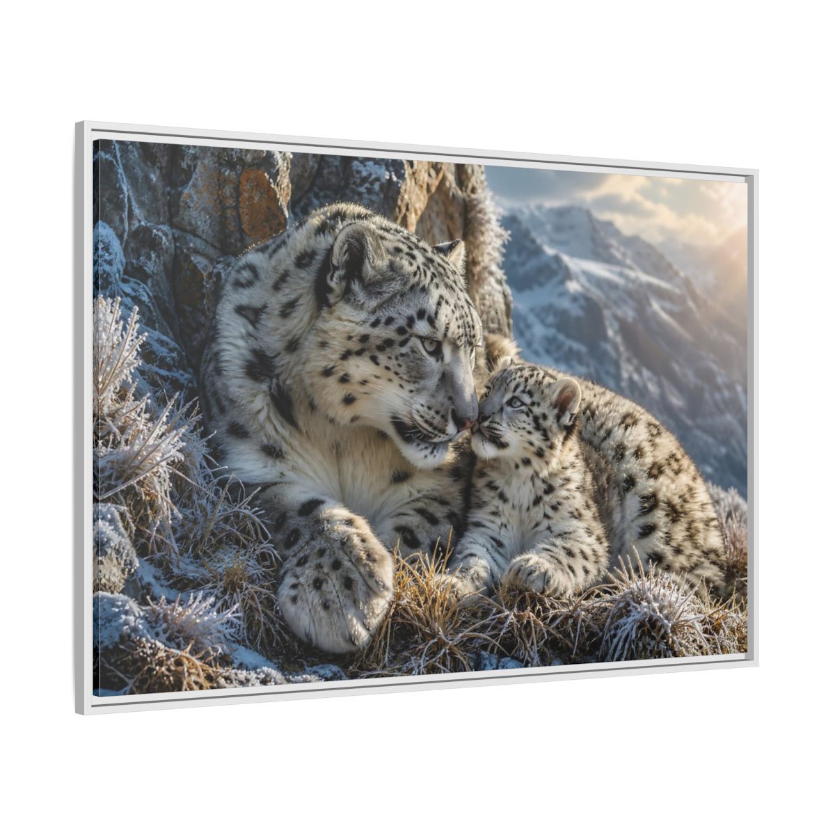 Side Mockup 7. Animals Snow Leopards Snow Leopard Family shown as stretched canvas wall art