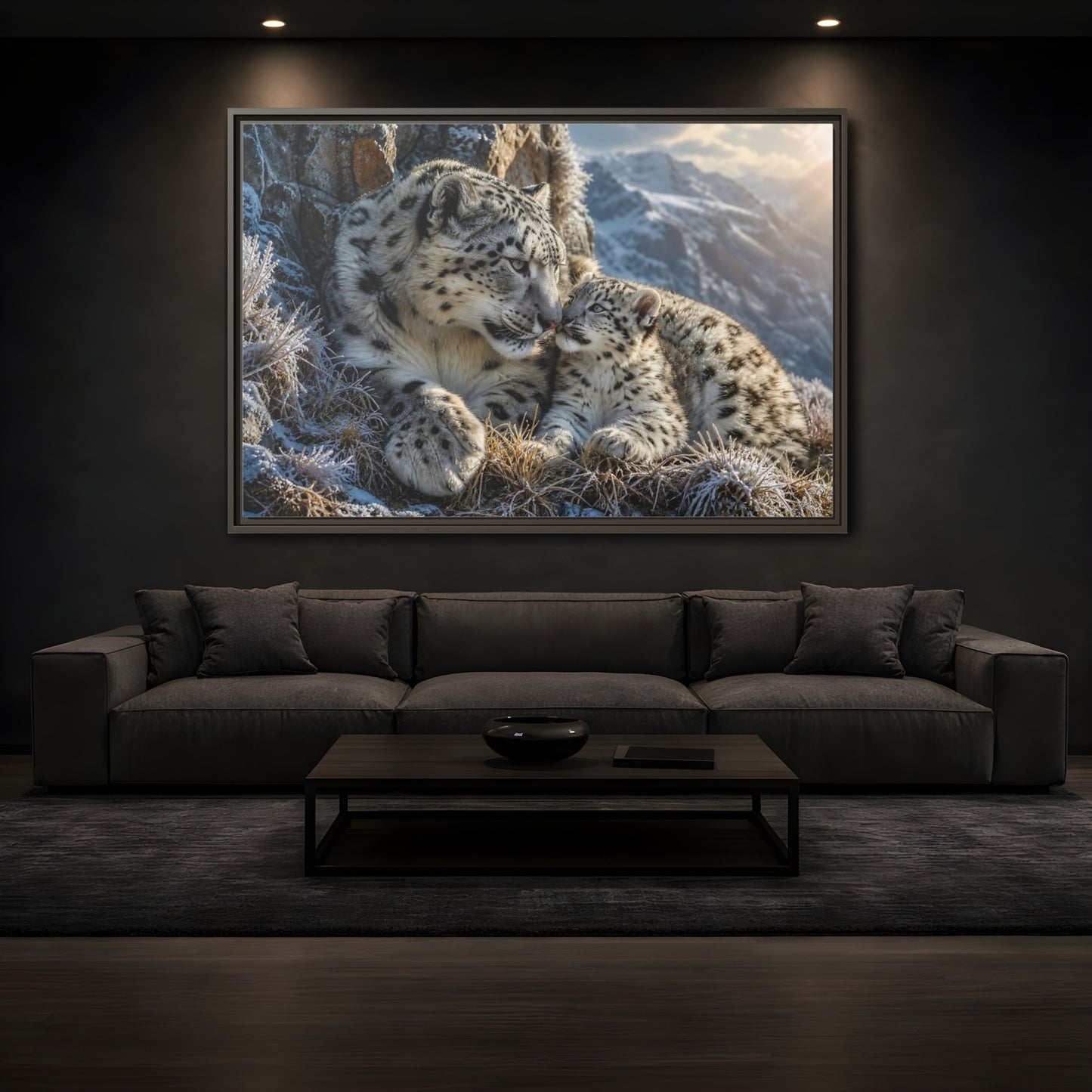 Mockup 3. Animals Snow Leopards Snow Leopard Family shown as stretched canvas wall art