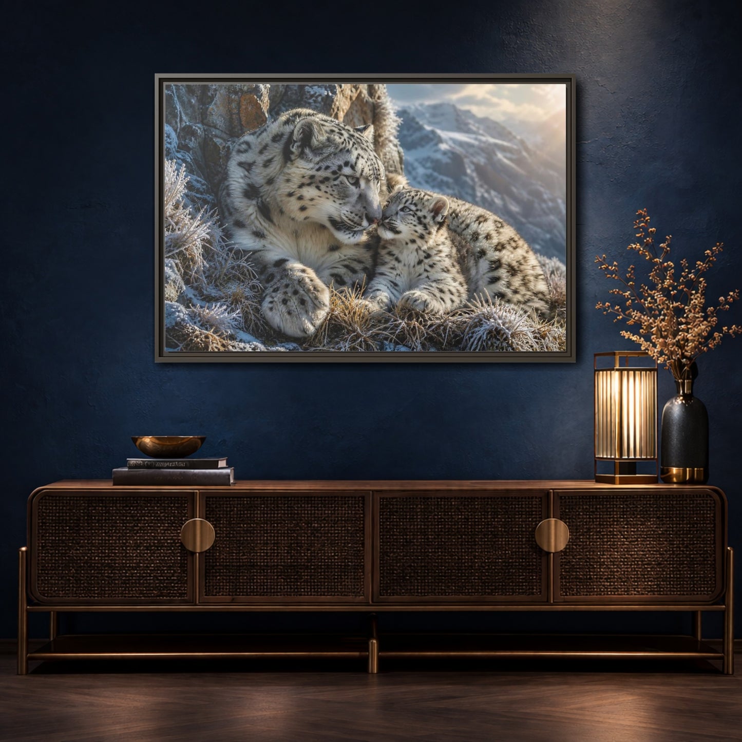 Mockup 4. Animals Snow Leopards Snow Leopard Family shown as stretched canvas wall art