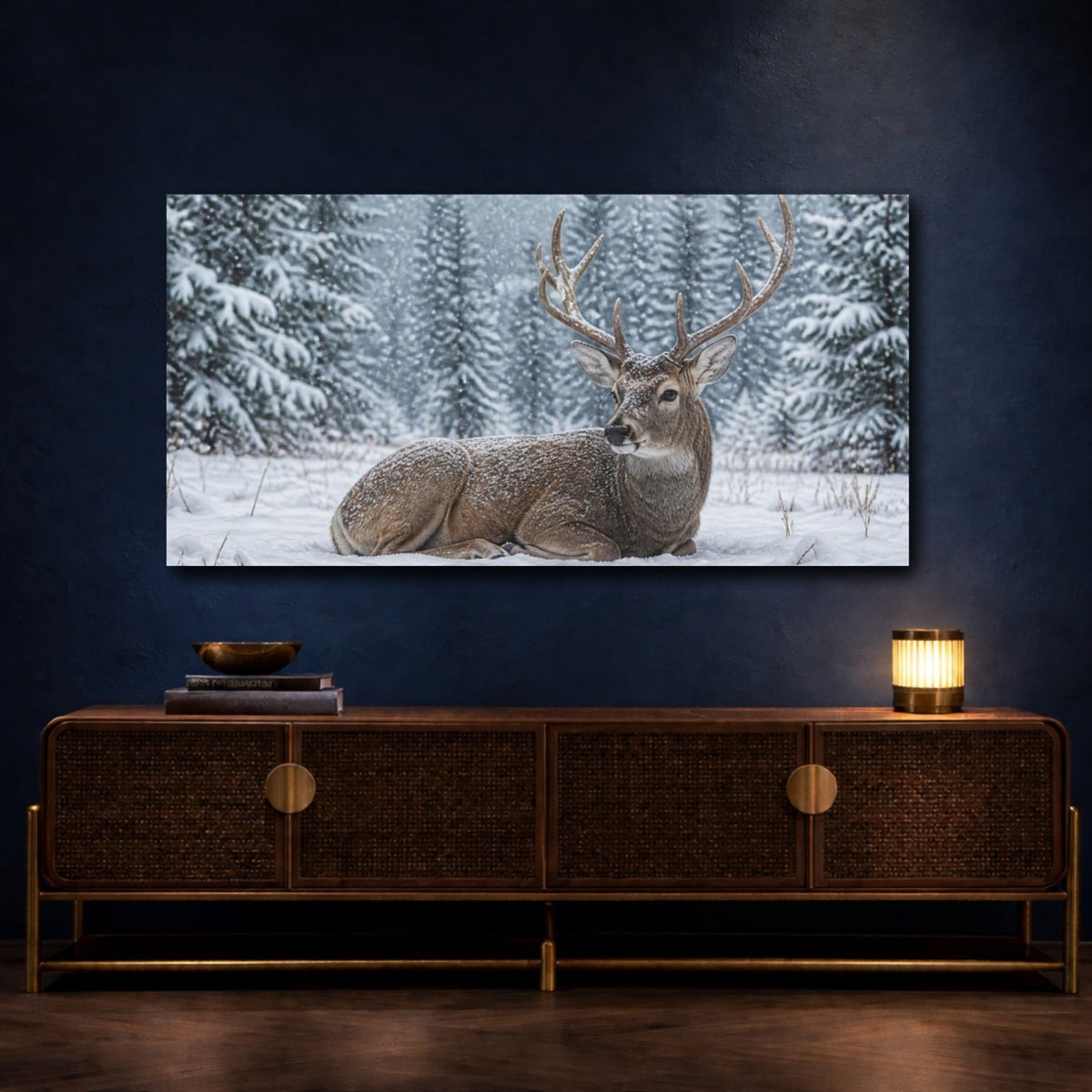 Animals Snowy Resting Deer Canvas Print Wall Art – Living Room Decor, Above Console Table - YesArtYes