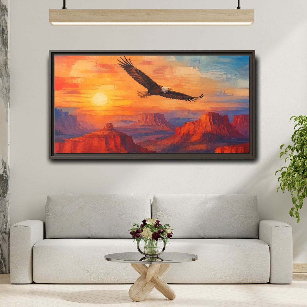 Animals Soaring Bald Eagle At Sunrise Framed Canvas Print – Living Room, Above Sofa - YesArtYes