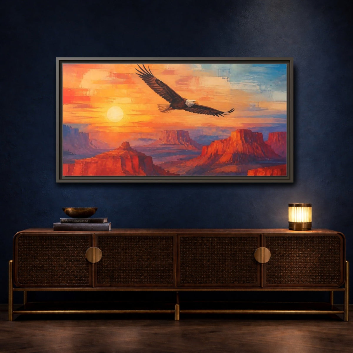 Animals Soaring Bald Eagle At Sunrise Framed Canvas Print – Living Room, Above Sofa - YesArtYes
