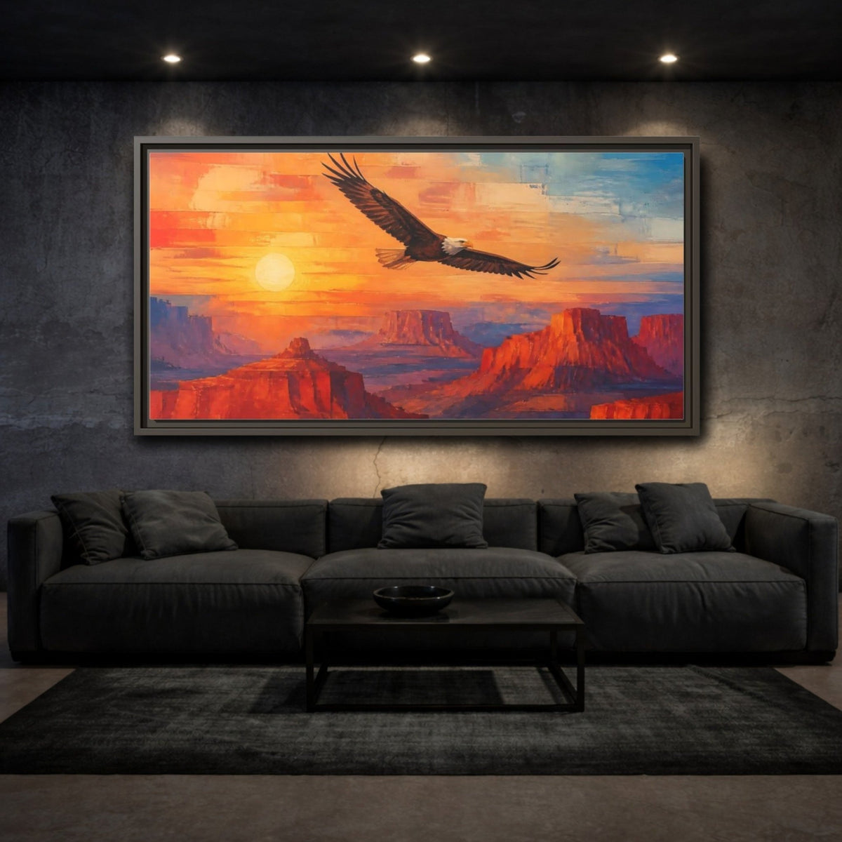 Animals Soaring Bald Eagle At Sunrise Framed Canvas Print – Living Room, Above Sofa - YesArtYes