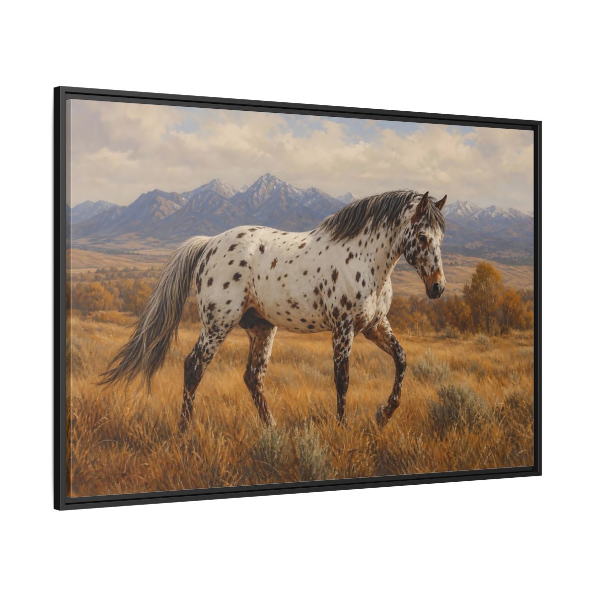 Side Mockup 12. Animals Spotted Horse Brown Spotted Horse shown as stretched canvas wall art