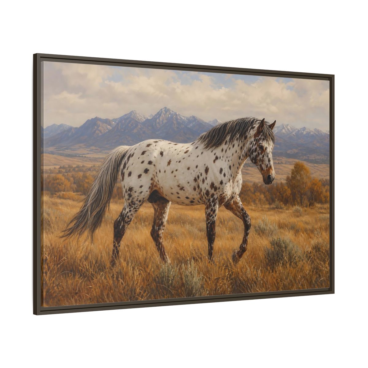 Side Mockup 8. Animals Spotted Horse Brown Spotted Horse shown as stretched canvas wall art