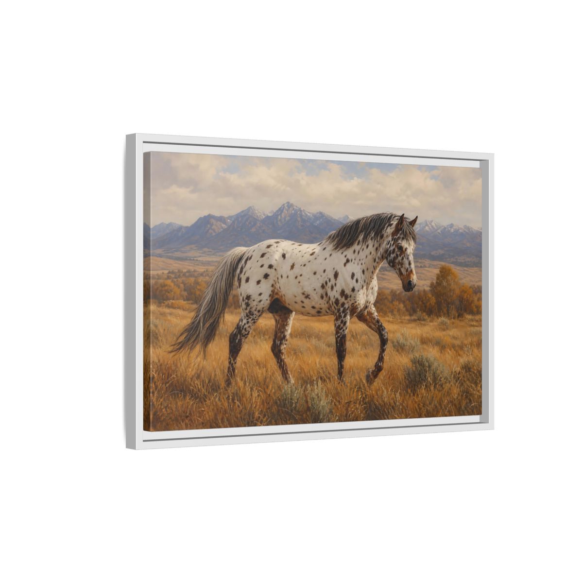 Side Mockup 1. Animals Spotted Horse Brown Spotted Horse shown as stretched canvas wall art