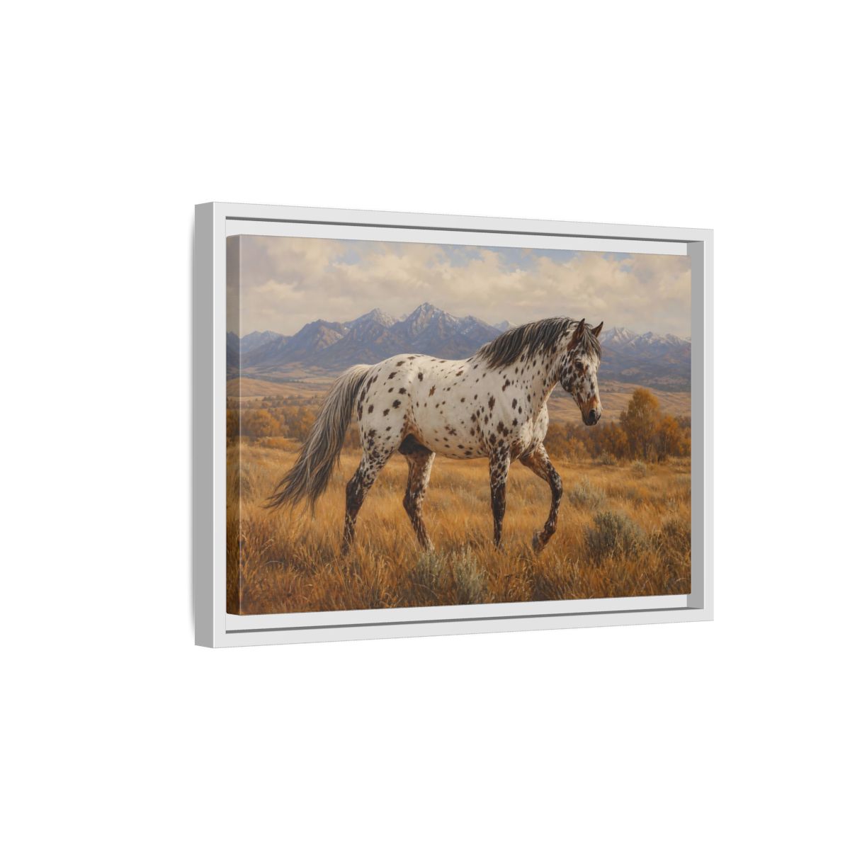 Side Mockup 4. Animals Spotted Horse Brown Spotted Horse shown as stretched canvas wall art