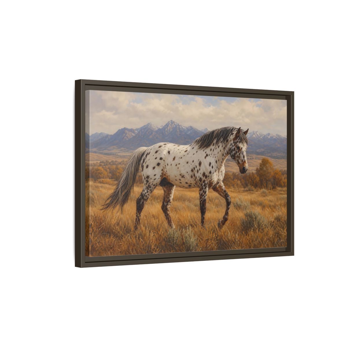 Side Mockup 2. Animals Spotted Horse Brown Spotted Horse shown as stretched canvas wall art