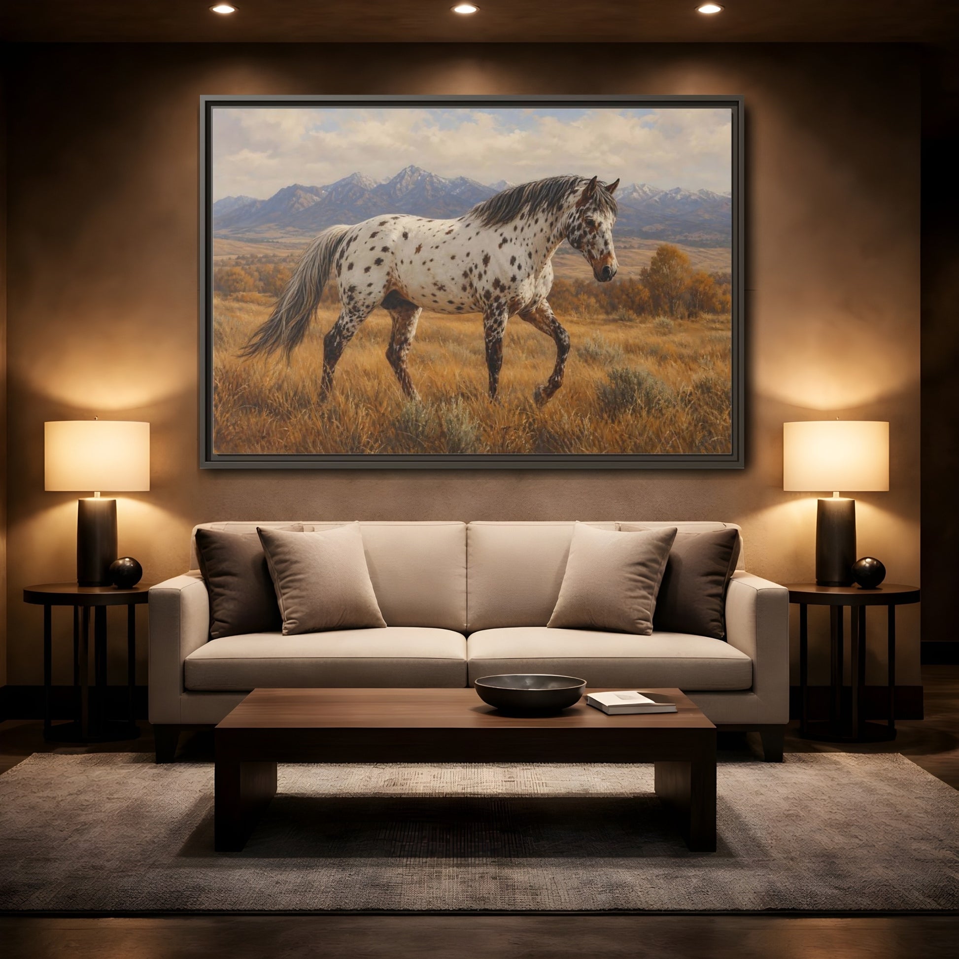 Mockup 2. Animals Spotted Horse Brown Spotted Horse shown as stretched canvas wall art