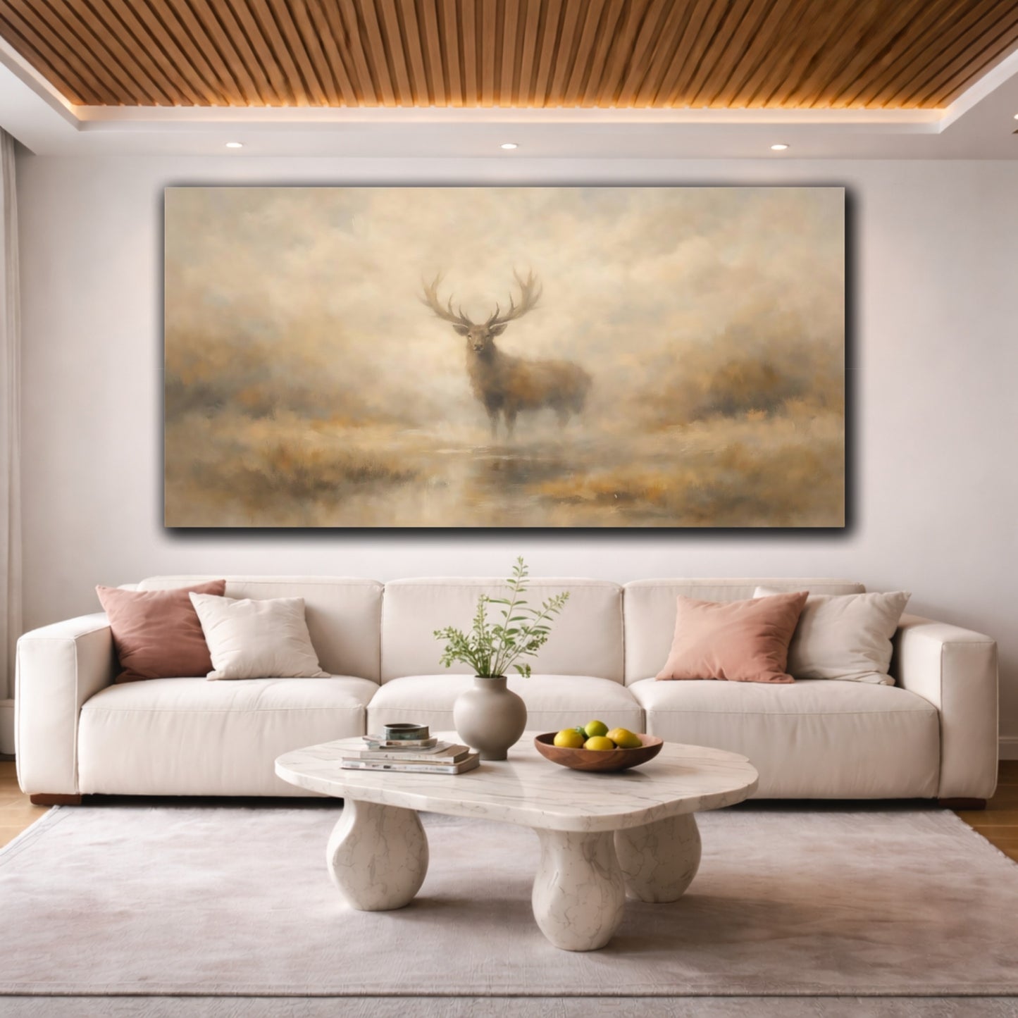 Mockup 3. Animals Stag Brown And Cream shown as stretched canvas wall art