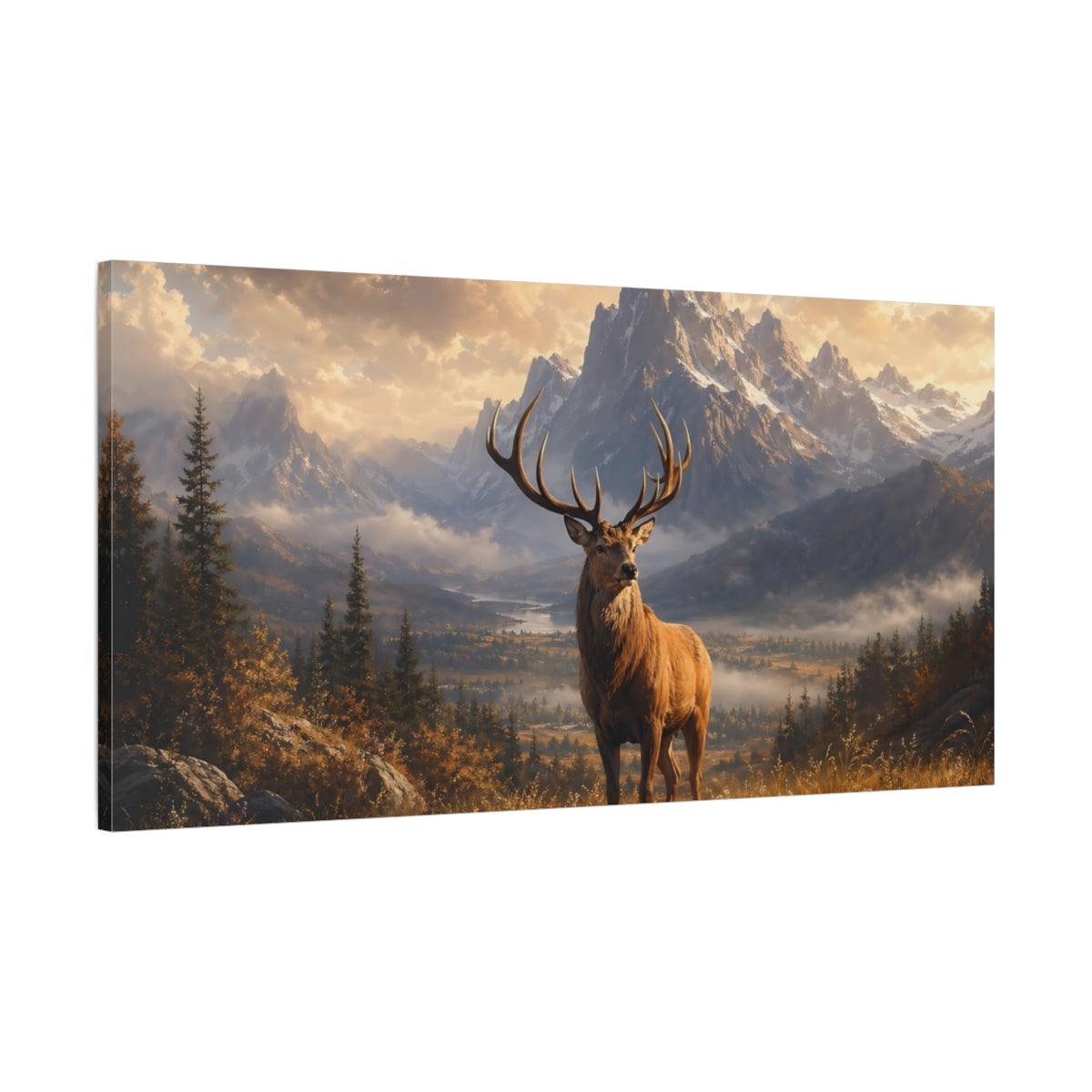 Main Mockup. Animals Stag Golden Landscape shown as stretched canvas wall art