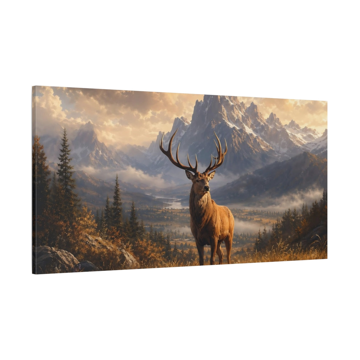 Side Mockup 2. Animals Stag Golden Landscape shown as stretched canvas wall art