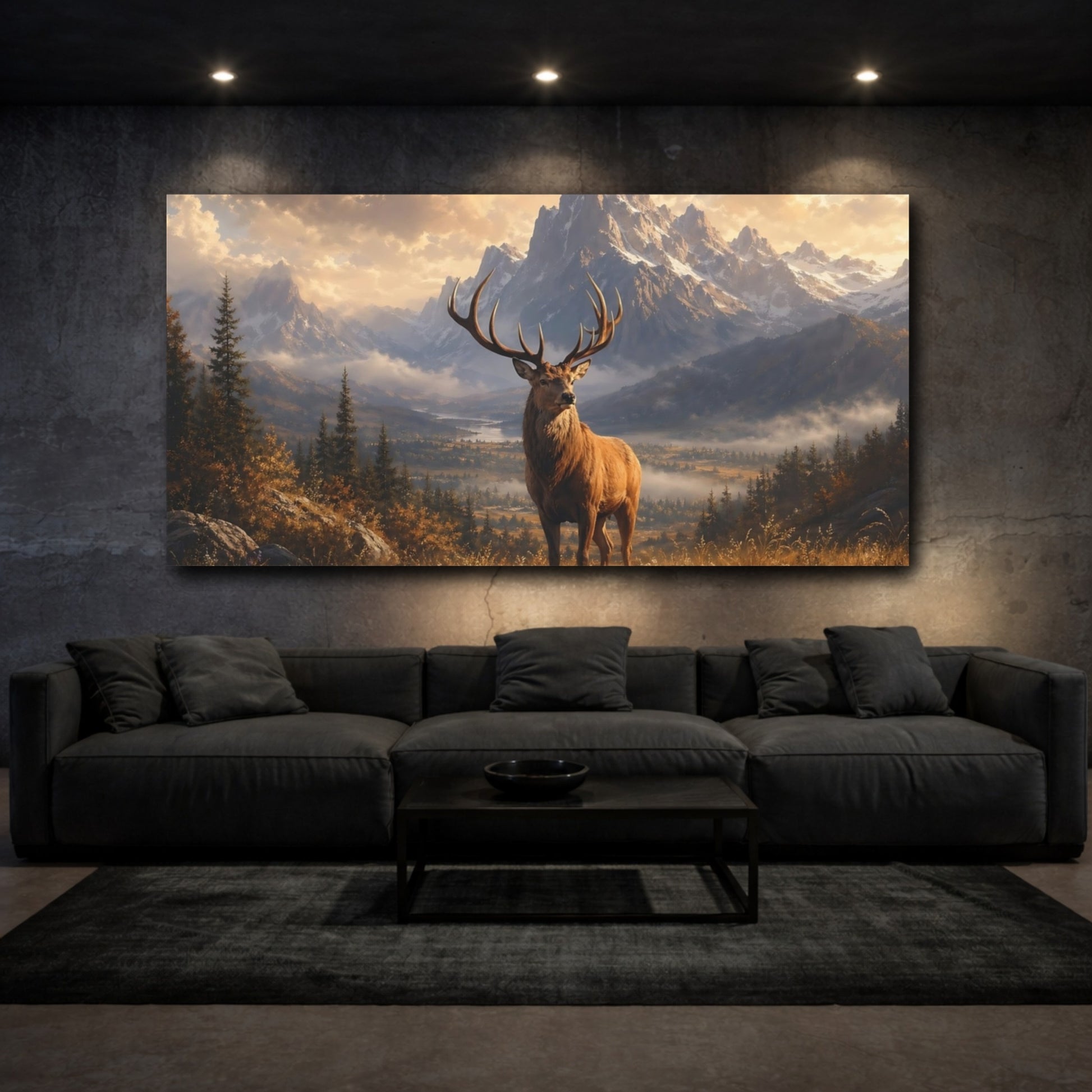 Mockup 2. Animals Stag Golden Landscape shown as stretched canvas wall art