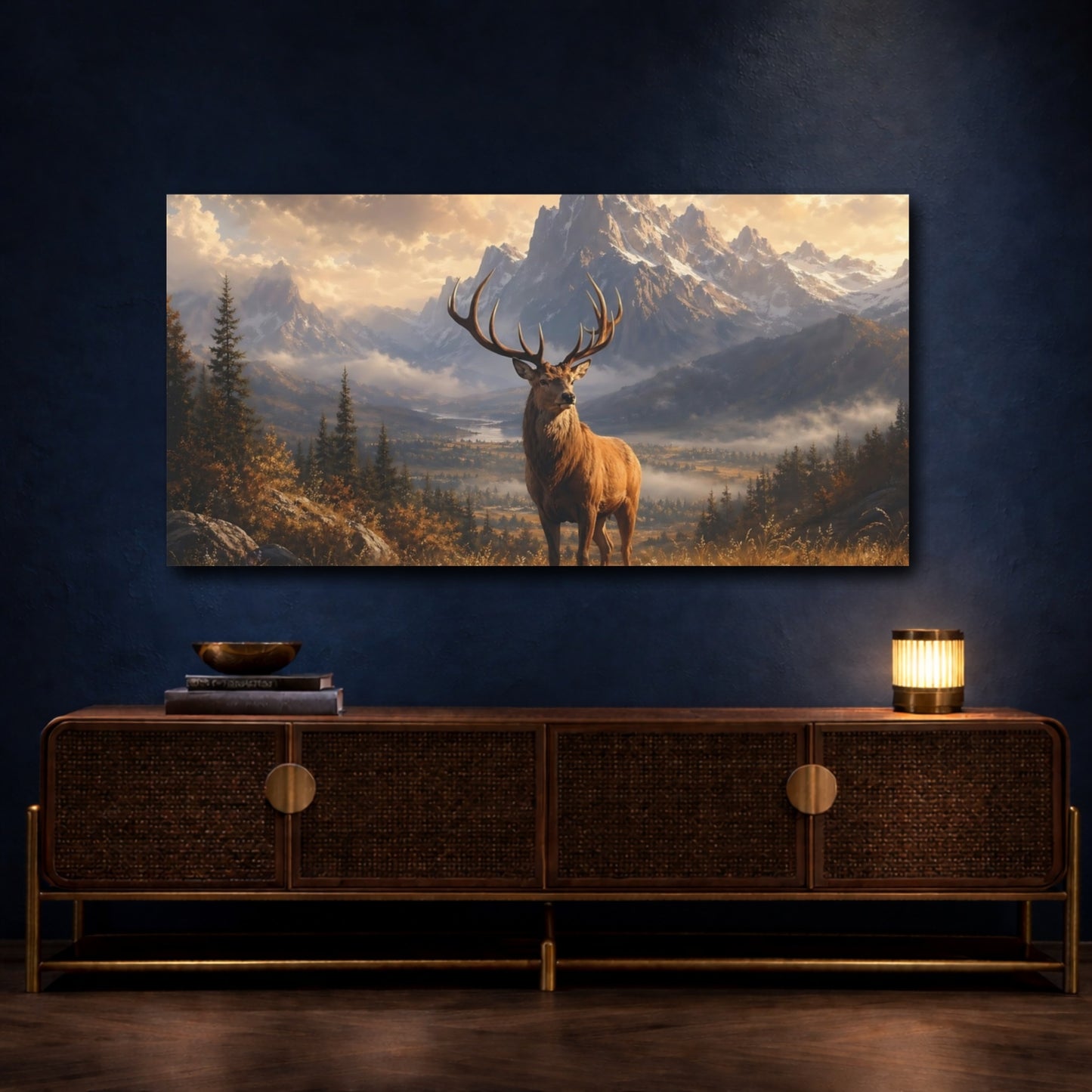 Mockup 4. Animals Stag Golden Landscape shown as stretched canvas wall art
