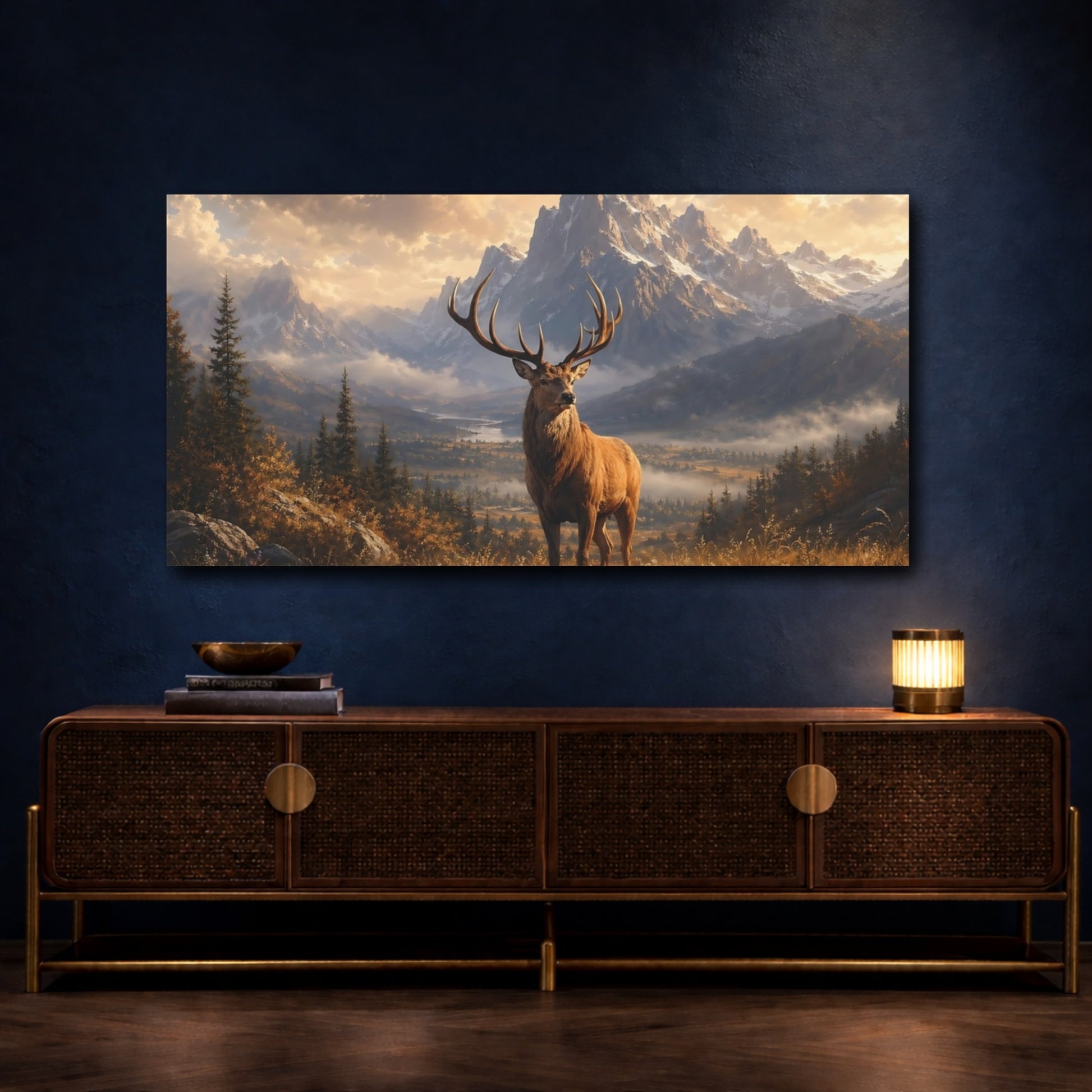 Mockup 4. Animals Stag Golden Landscape shown as stretched canvas wall art