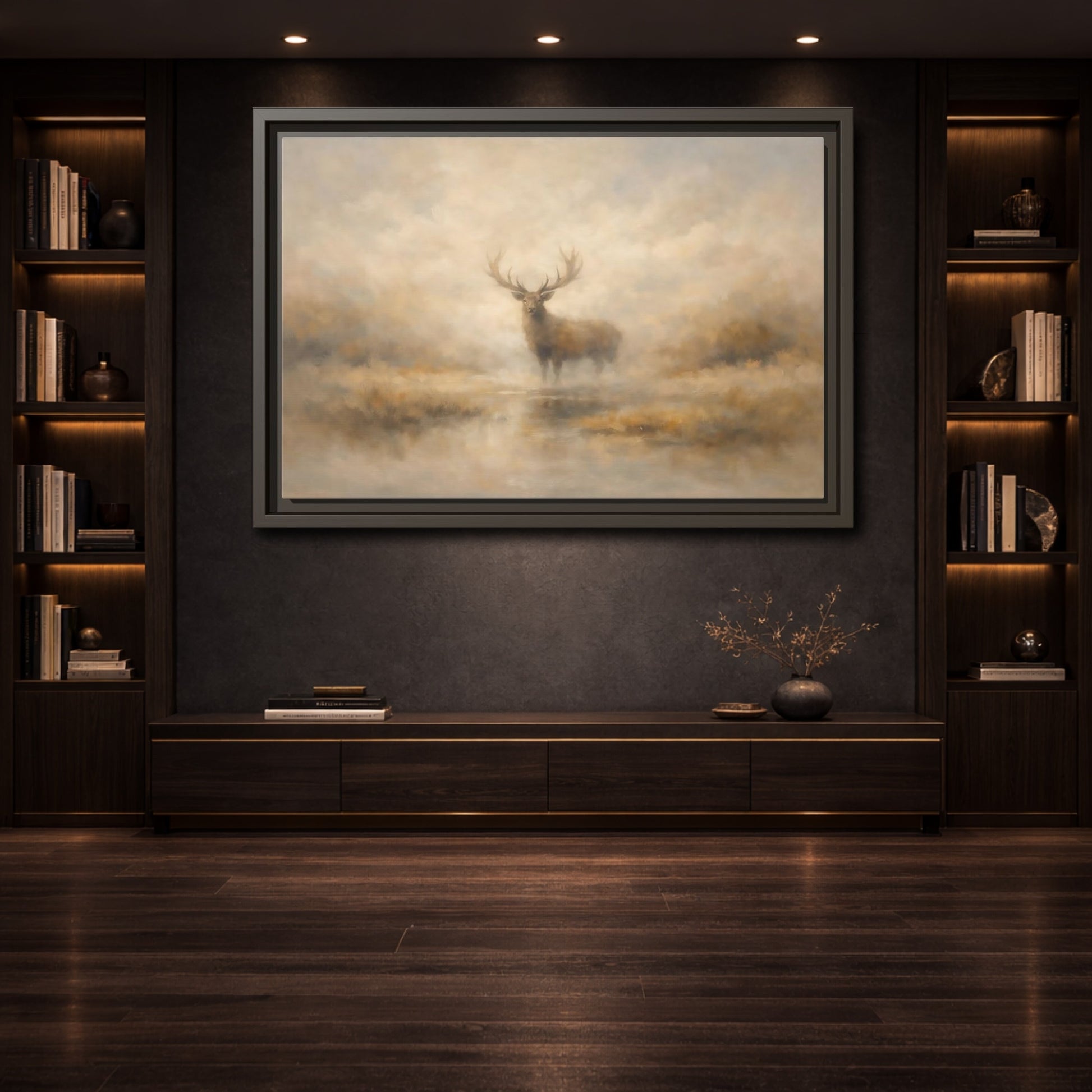 Mockup 3. Animals Stag Misty Brown shown as stretched canvas wall art