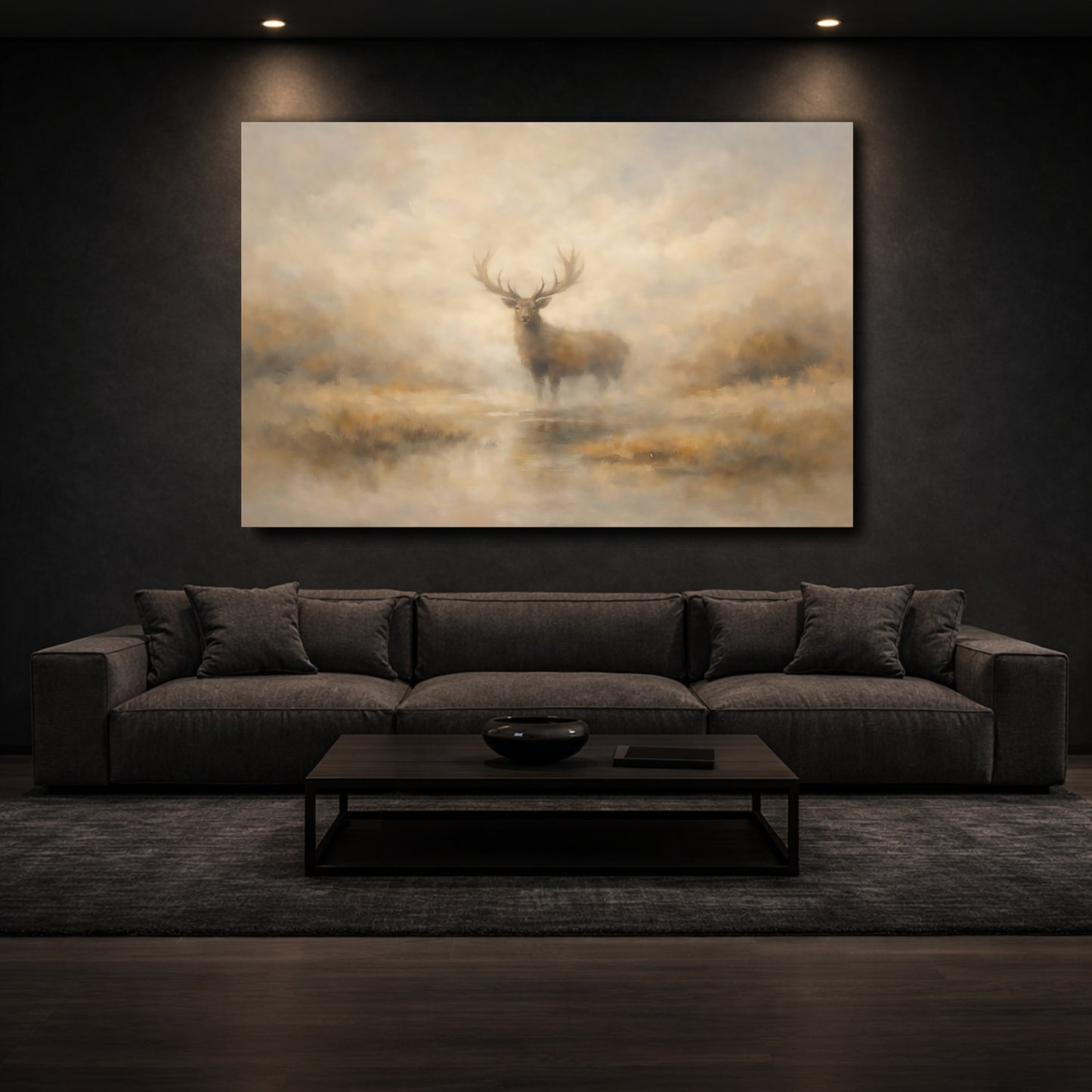 Mockup 2. Animals Stag Misty Stag Art shown as stretched canvas wall art