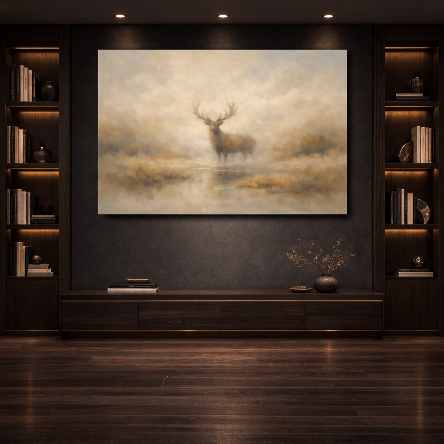 Mockup 3. Animals Stag Misty Stag Art shown as stretched canvas wall art