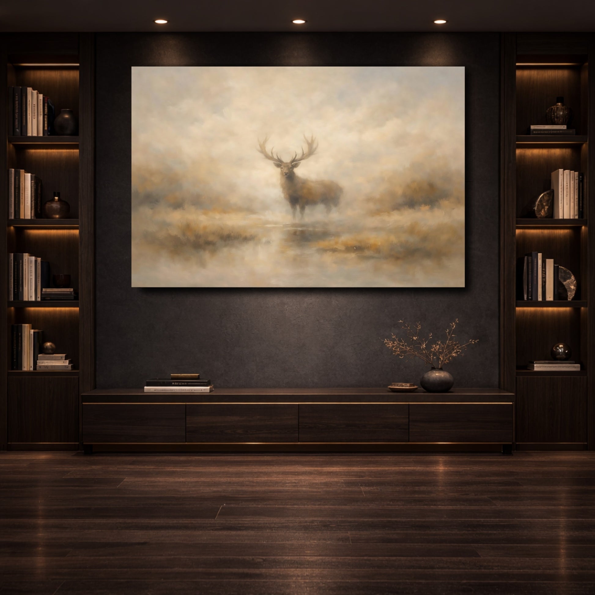 Mockup 3. Animals Stag Misty Stag Art shown as stretched canvas wall art