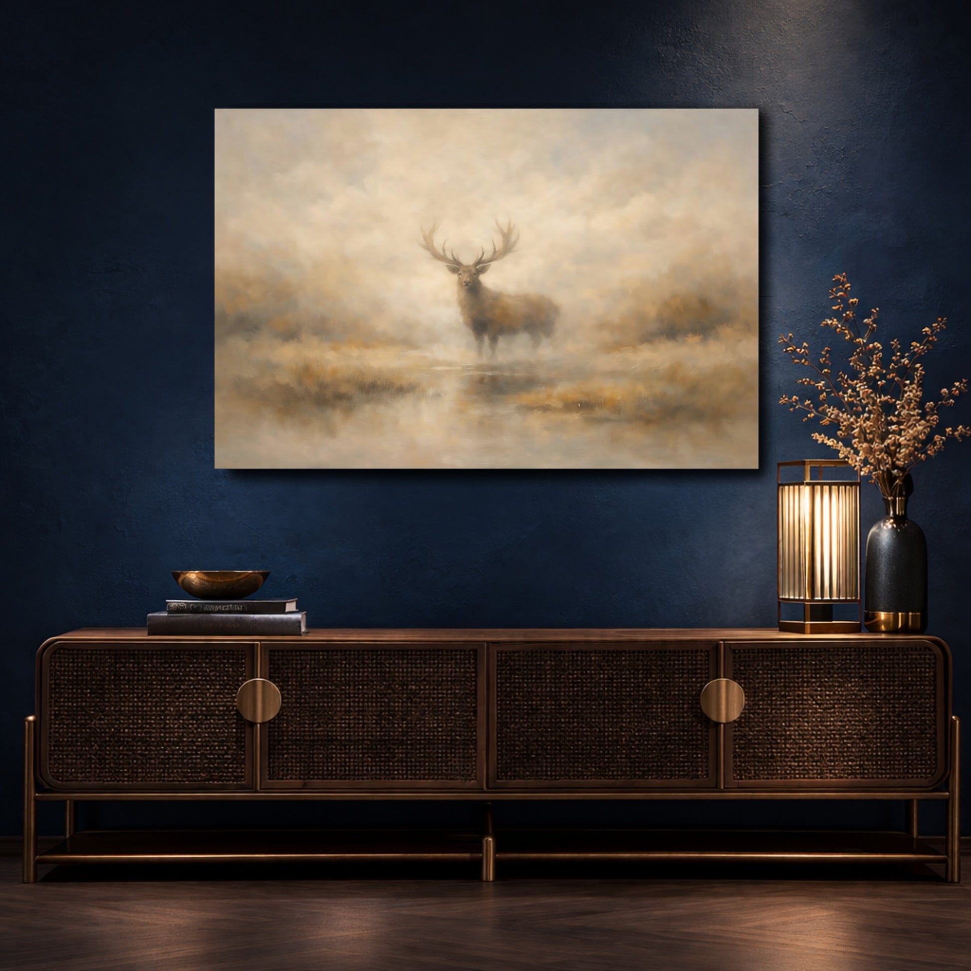 Mockup 4. Animals Stag Misty Stag Art shown as stretched canvas wall art