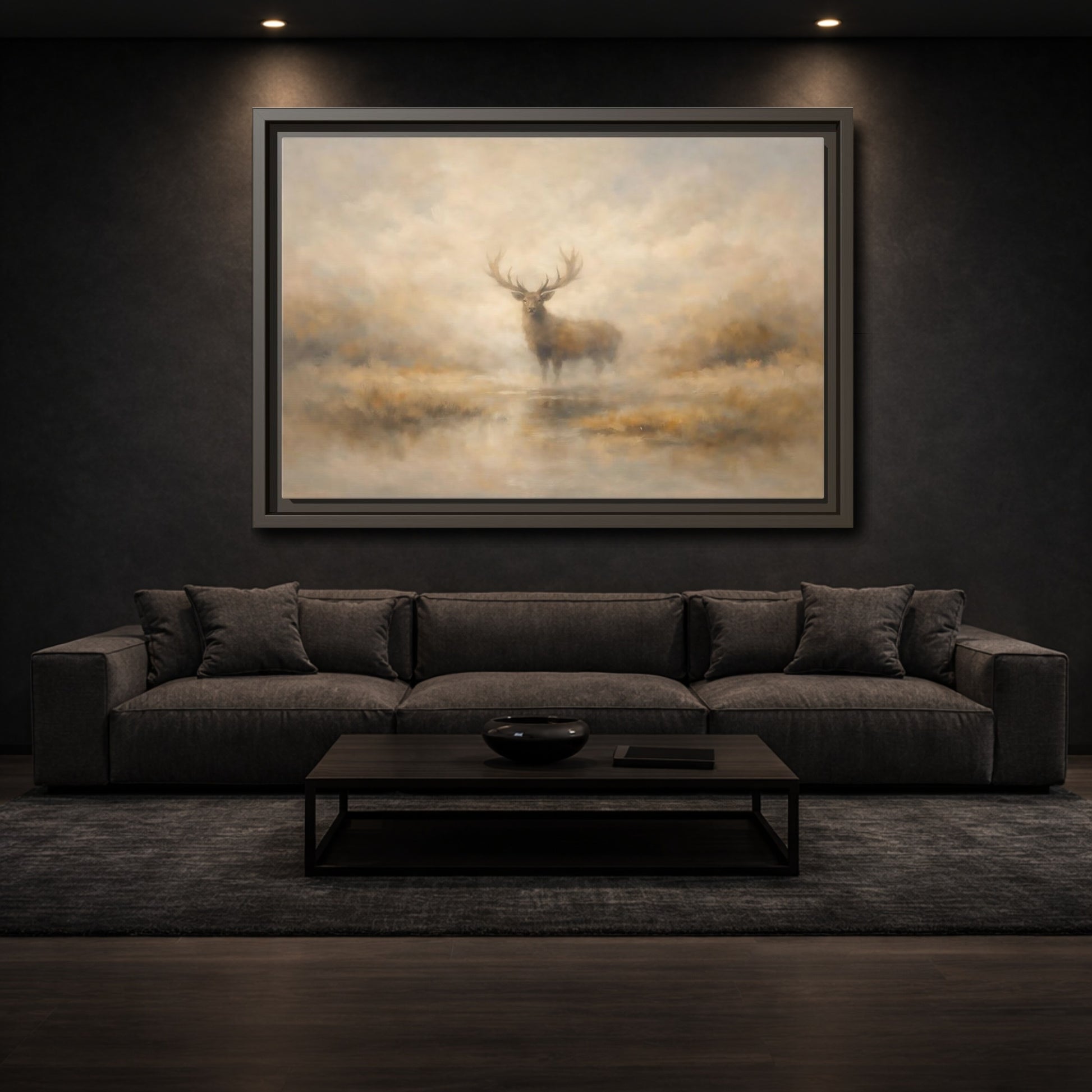 Mockup 2. Animals Stag Misty Stag shown as stretched canvas wall art
