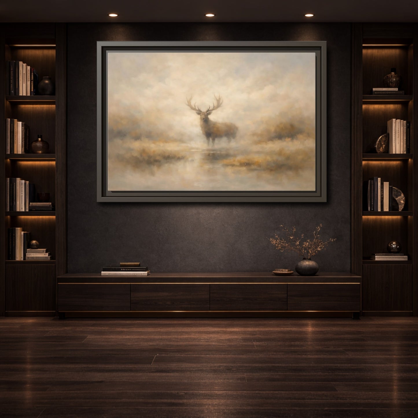 Mockup 3. Animals Stag Misty Stag shown as stretched canvas wall art
