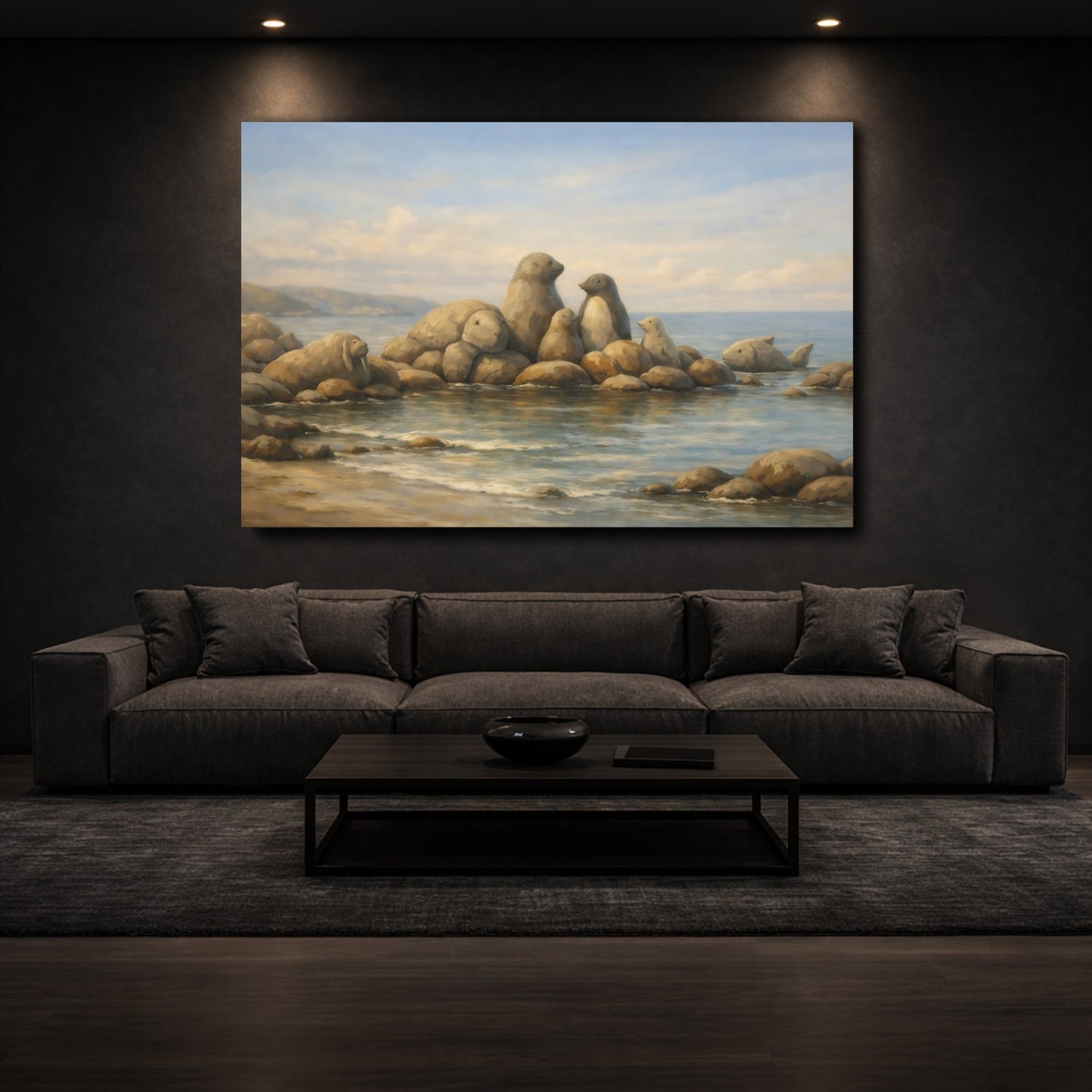 Mockup 2. Animals Stone Animals Blue And Brown shown as stretched canvas wall art