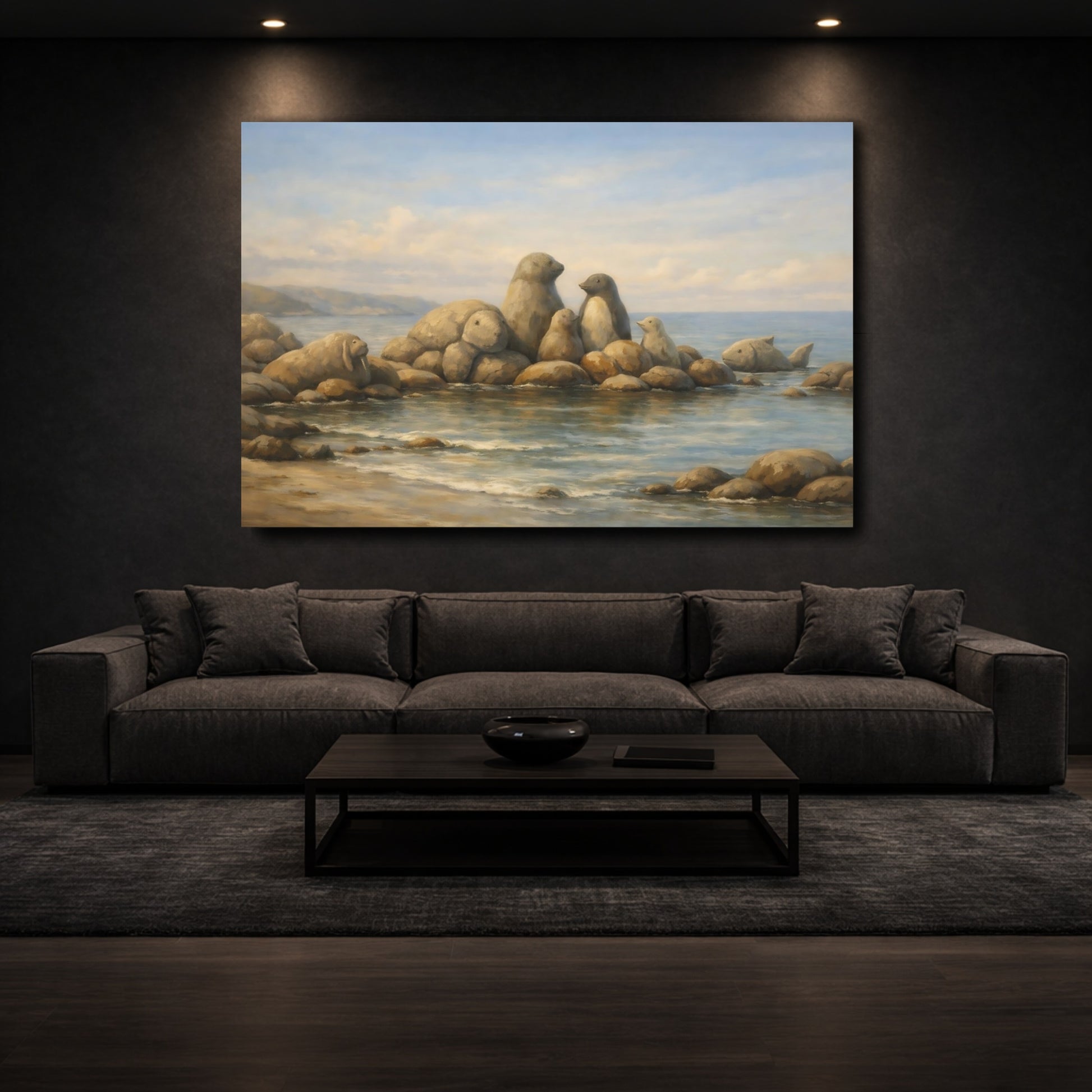 Mockup 2. Animals Stone Animals Blue And Brown shown as stretched canvas wall art