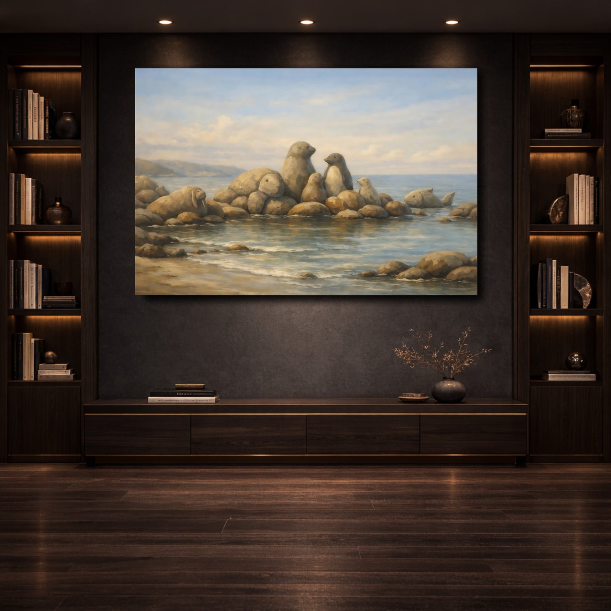 Mockup 3. Animals Stone Animals Blue And Brown shown as stretched canvas wall art