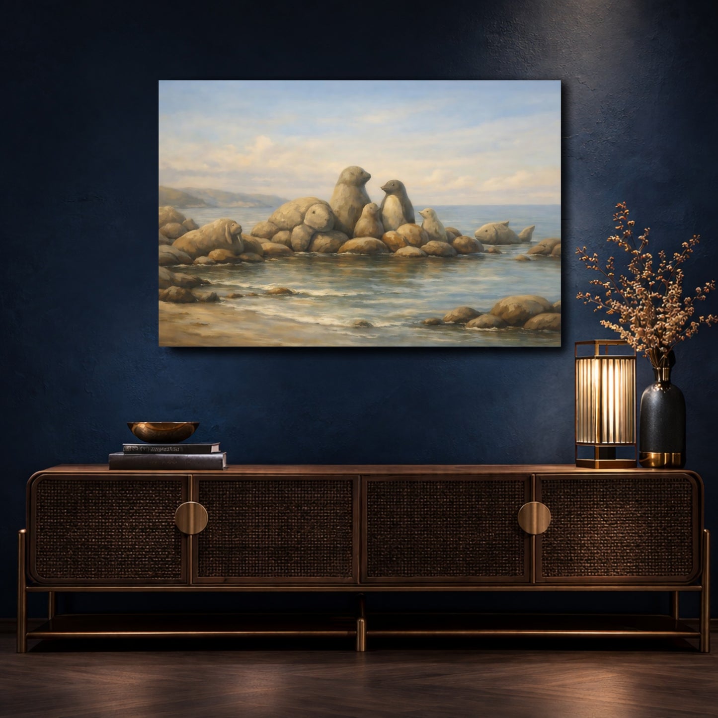 Mockup 4. Animals Stone Animals Blue And Brown shown as stretched canvas wall art
