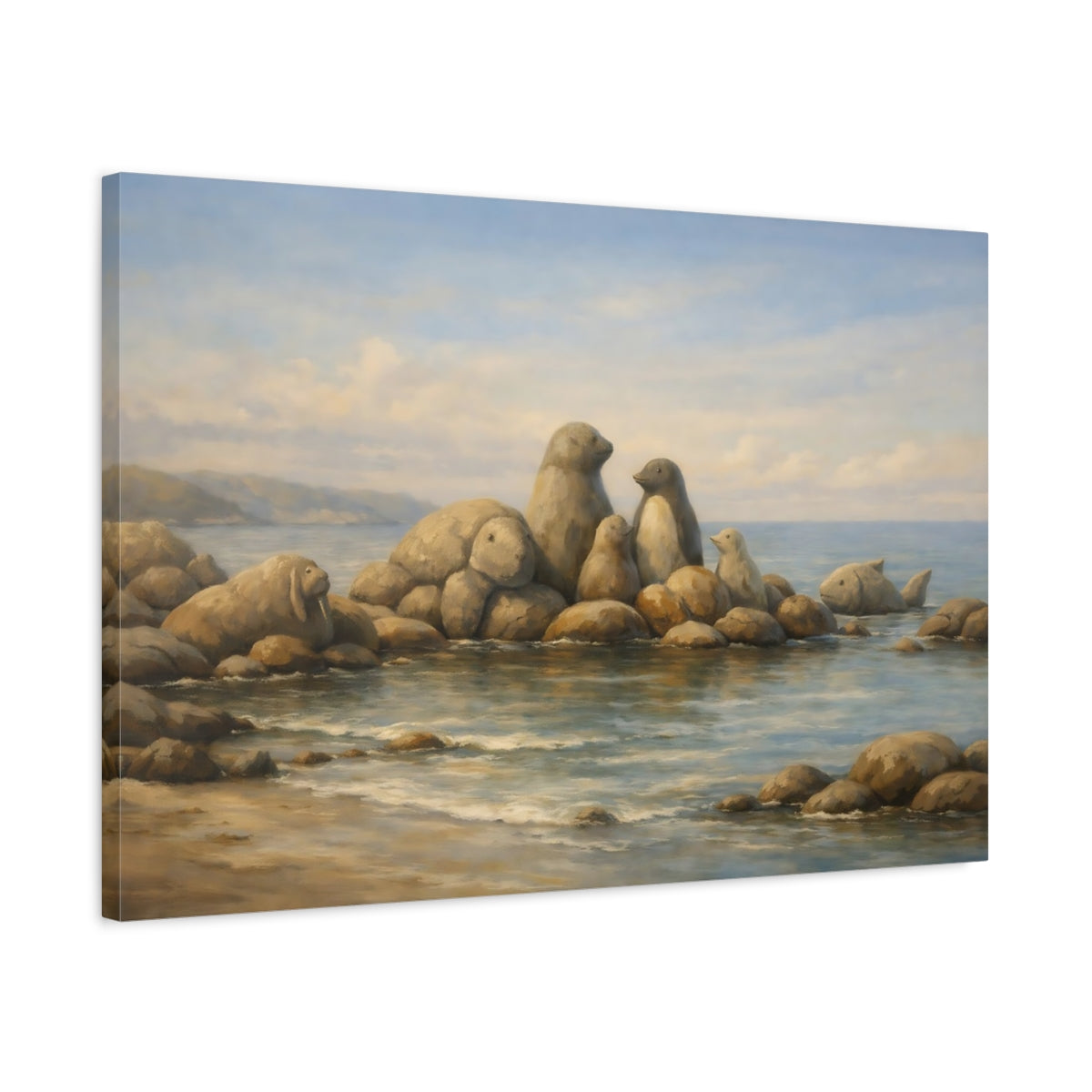 Side Mockup 2. Animals Stone Animals Blue And Brown shown as stretched canvas wall art