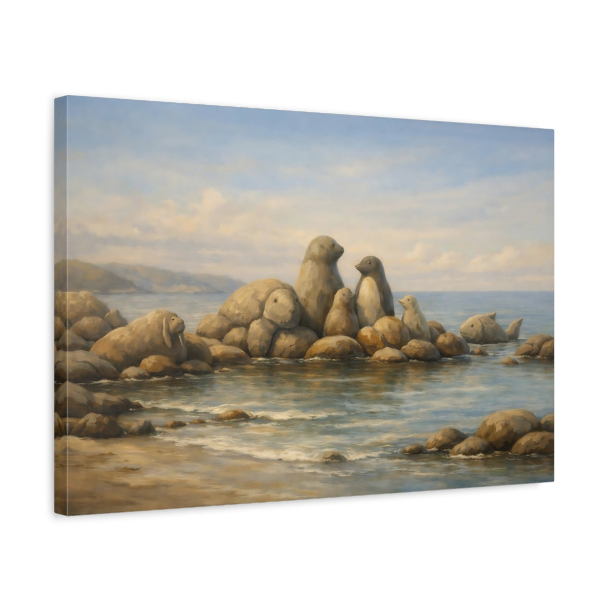 Side Mockup 3. Animals Stone Animals Blue And Brown shown as stretched canvas wall art
