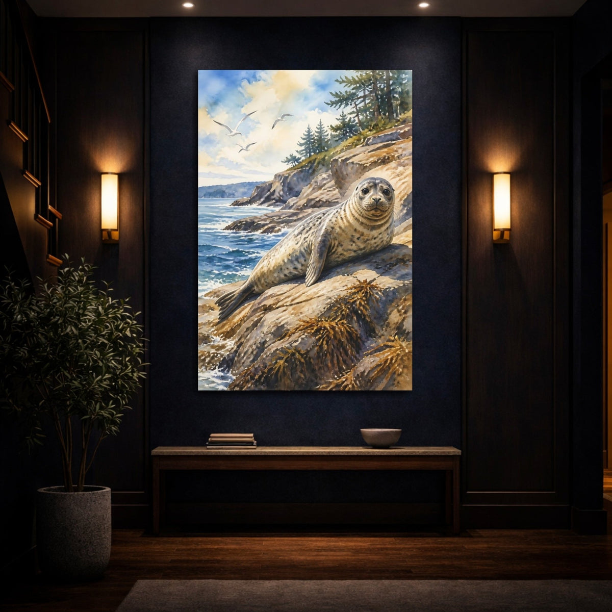 Animals Sunlit Harbor Seal On Rocks Canvas Print – Living Room, Above Couch - YesArtYes