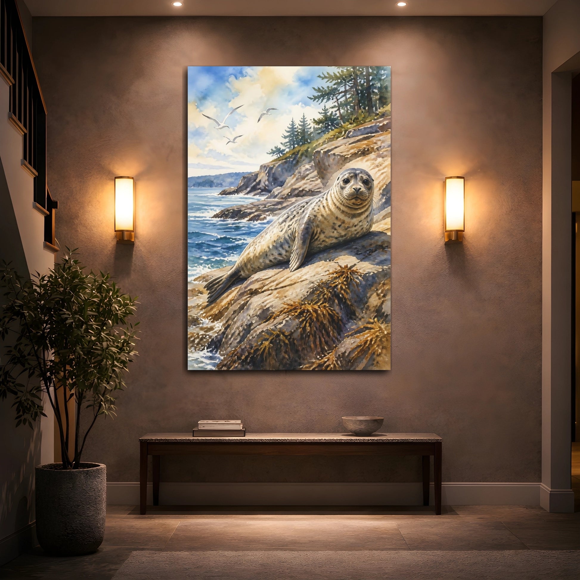 Mockup 2. Animals Sunlit Harbor Seal On Rocks shown as canvas print