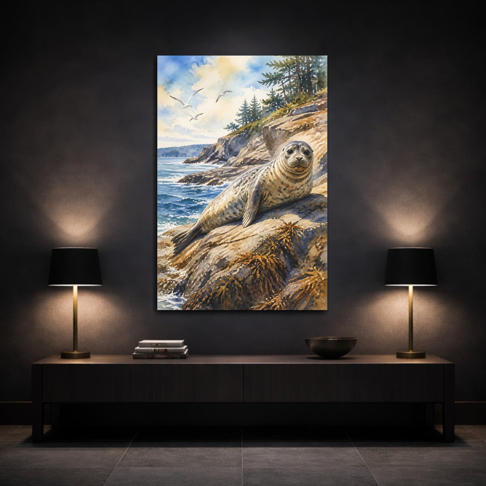 Mockup 3. Animals Sunlit Harbor Seal On Rocks shown as canvas print