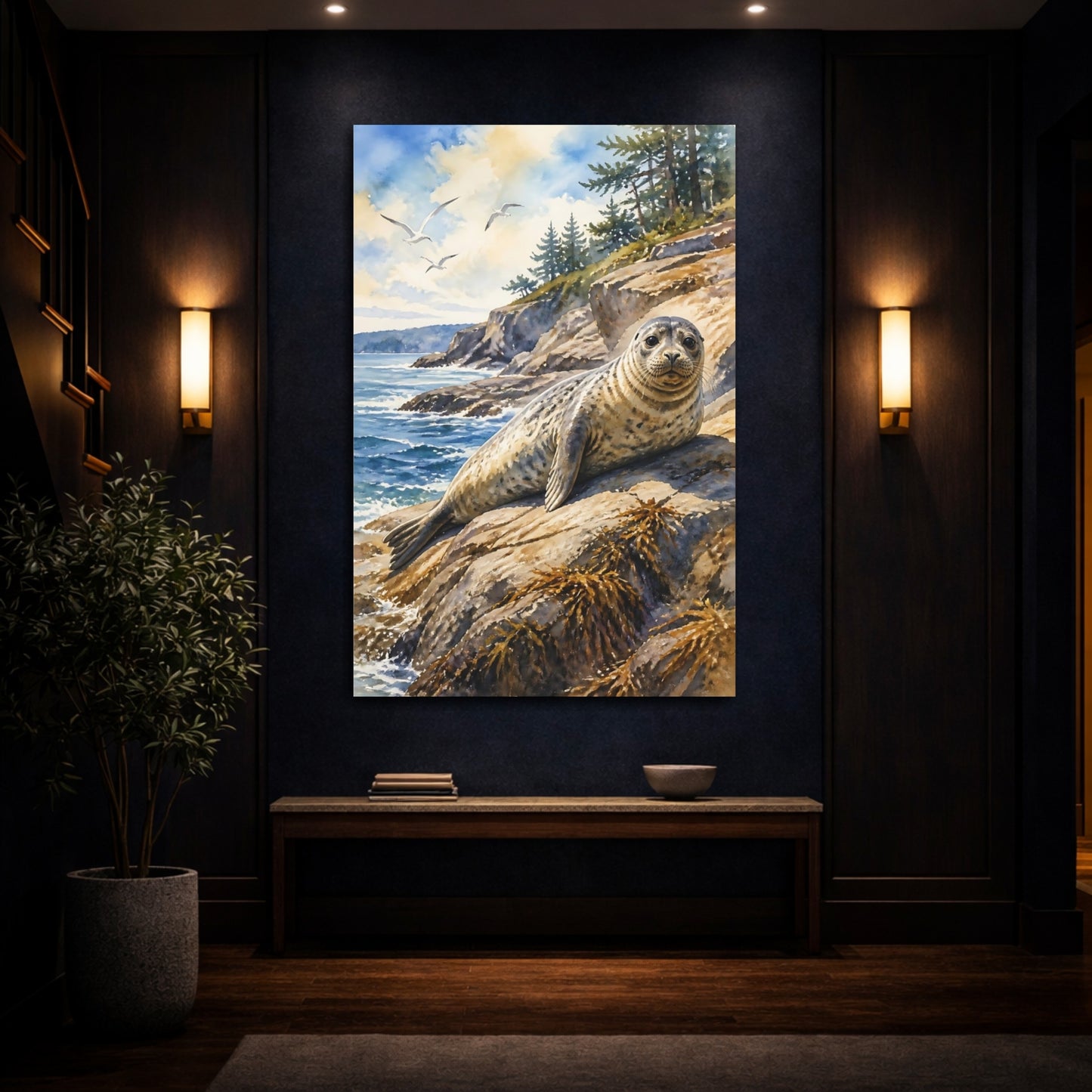 Mockup 4. Animals Sunlit Harbor Seal On Rocks shown as canvas print