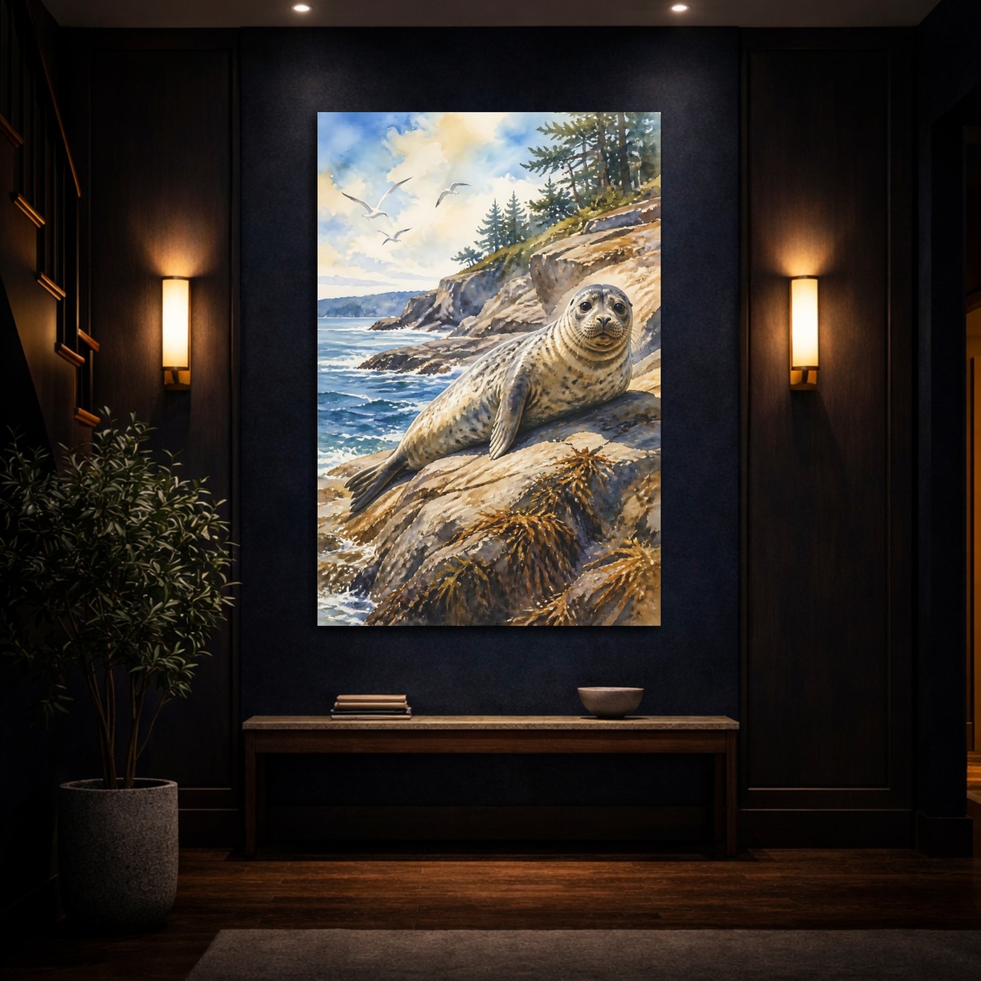Mockup 4. Animals Sunlit Harbor Seal On Rocks shown as canvas print